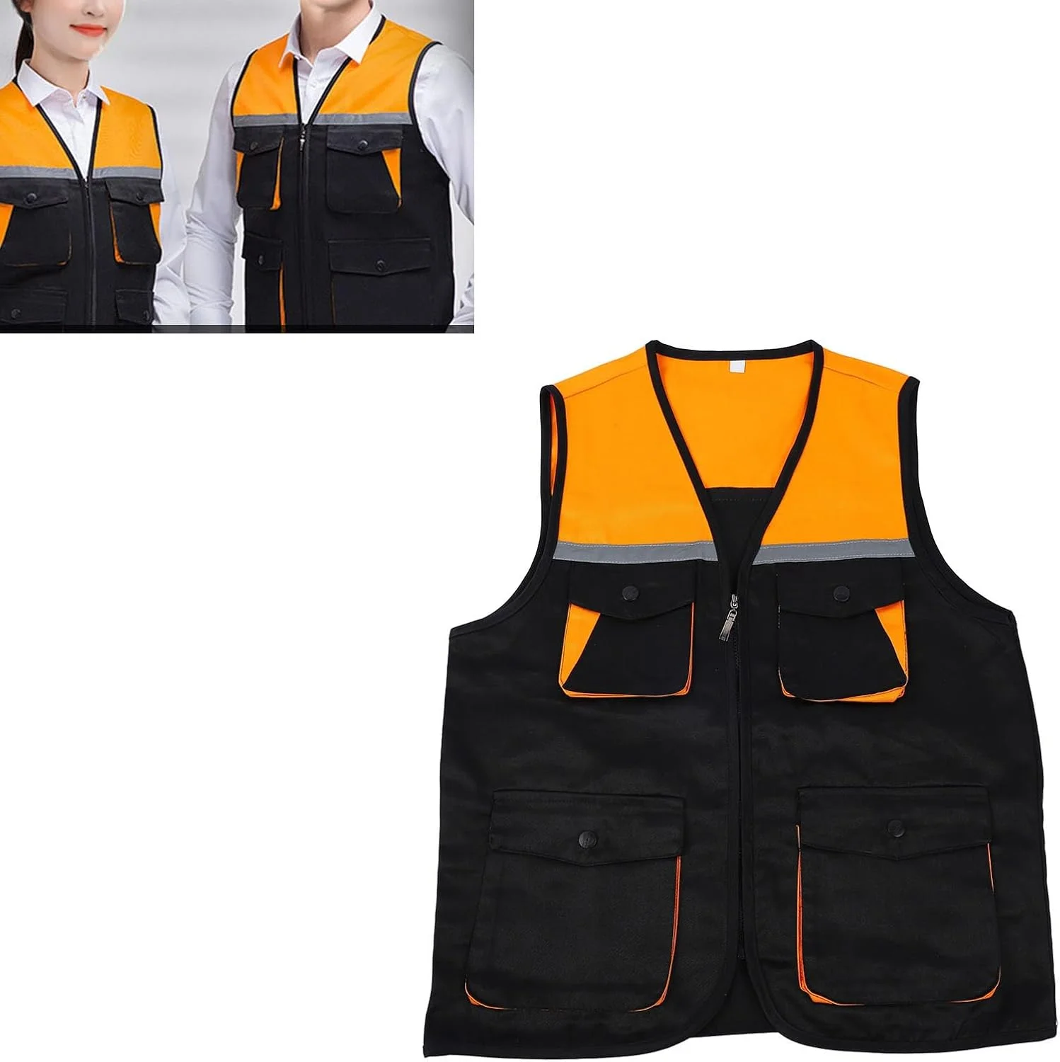 جلیقه کار بازتابنده با 4 جیب، جلیقه کار زیپ دار جلو، جلیقه ایمنی دید بالا با نوارهای بازتابنده برای مردان و زنان، جلیقه کار نوار بازتابنده برای مواقع اضطراری (XXL)