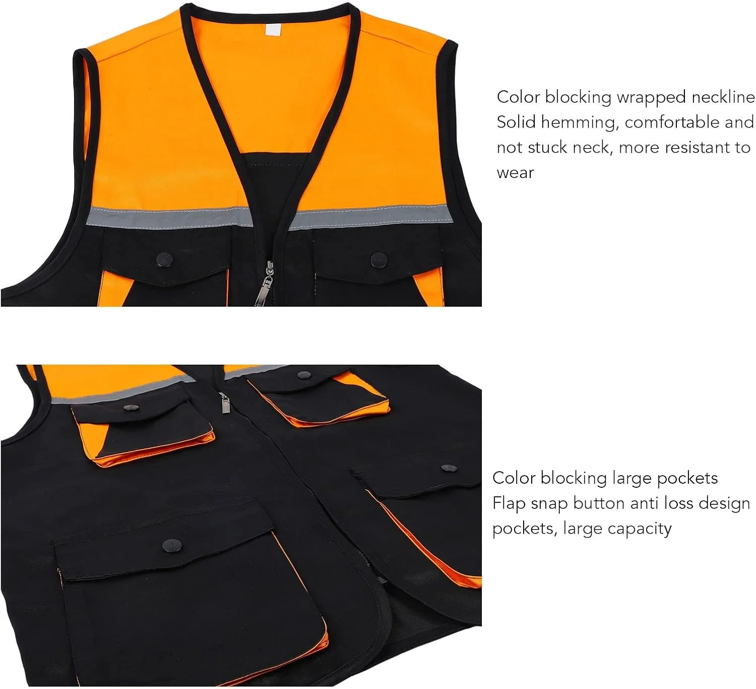 جلیقه کار بازتابنده با 4 جیب، جلیقه کار زیپ دار جلو، جلیقه ایمنی دید بالا با نوارهای بازتابنده برای مردان و زنان، جلیقه کار نوار بازتابنده برای مواقع اضطراری (XXL)