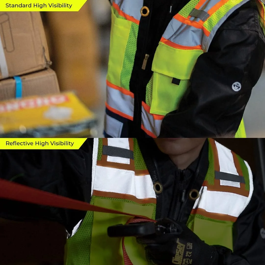 جلیقه ایمنی درخشان - دید بالا با نوارهای بازتابنده و جیب - نرم، بادوام و تنفس پذیر - ANSI CLASS 2