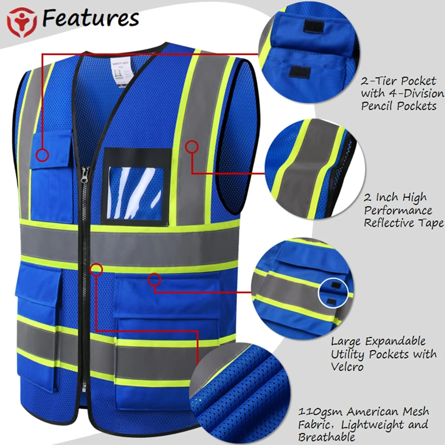 جلیقه ایمنی بازتابنده دید بالا ASIPHITU برای مردان و زنان با جیب و زیپ جلو مطابق با استانداردهای ANSI/ISEA