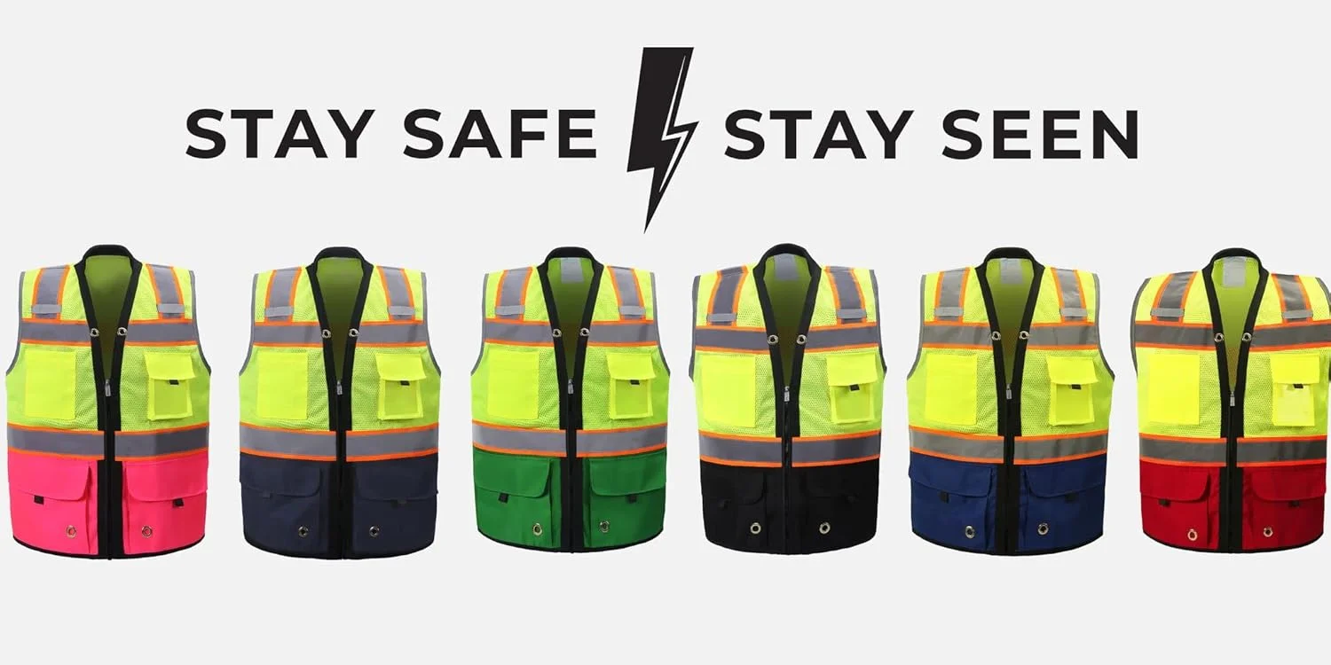 جلیقه ایمنی درخشان - دید بالا با نوارهای بازتابنده و جیب - نرم، بادوام و تنفس پذیر - ANSI CLASS 2