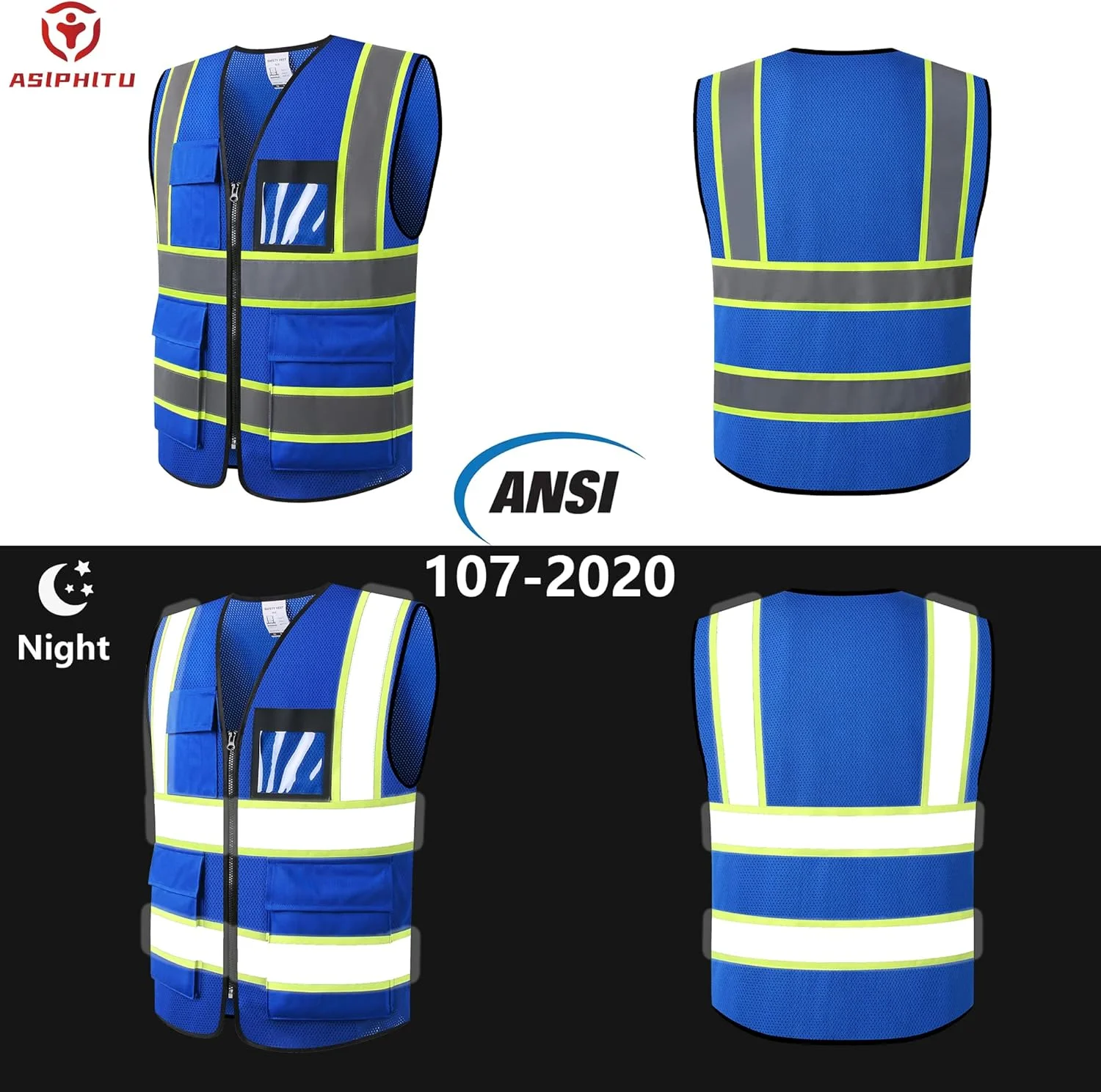 جلیقه ایمنی بازتابنده دید بالا ASIPHITU برای مردان و زنان با جیب و زیپ جلو مطابق با استانداردهای ANSI/ISEA