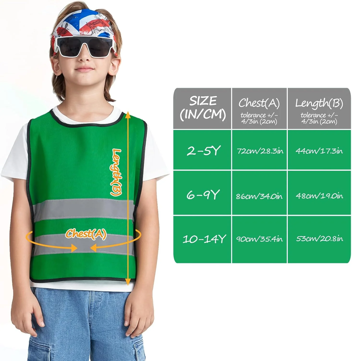 جلیقه ایمنی کودکان AYKRM - جلیقه ایمنی برای کودکان 6 تا 9 سال - سایز یونیورسال - جلیقه نور بازتابنده سبز رنگ برای دید بهتر در ترافیک جاده ای