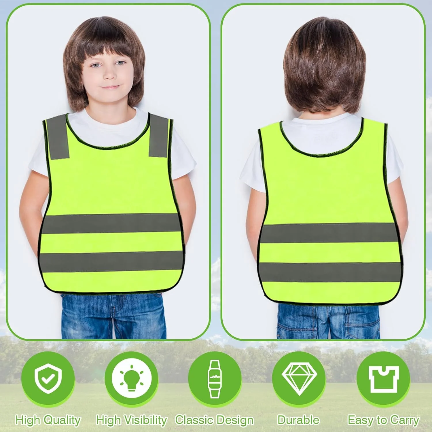 جلیقه های دید بالا VEGCOO 6 عددی به همراه مچ بند برای کودکان، جلیقه ایمنی بازتابنده دید بالا برای کودکان، ژاکت دید بالا با نوارهای بازتابنده برای کودکان در فضای باز، سایز جهانی