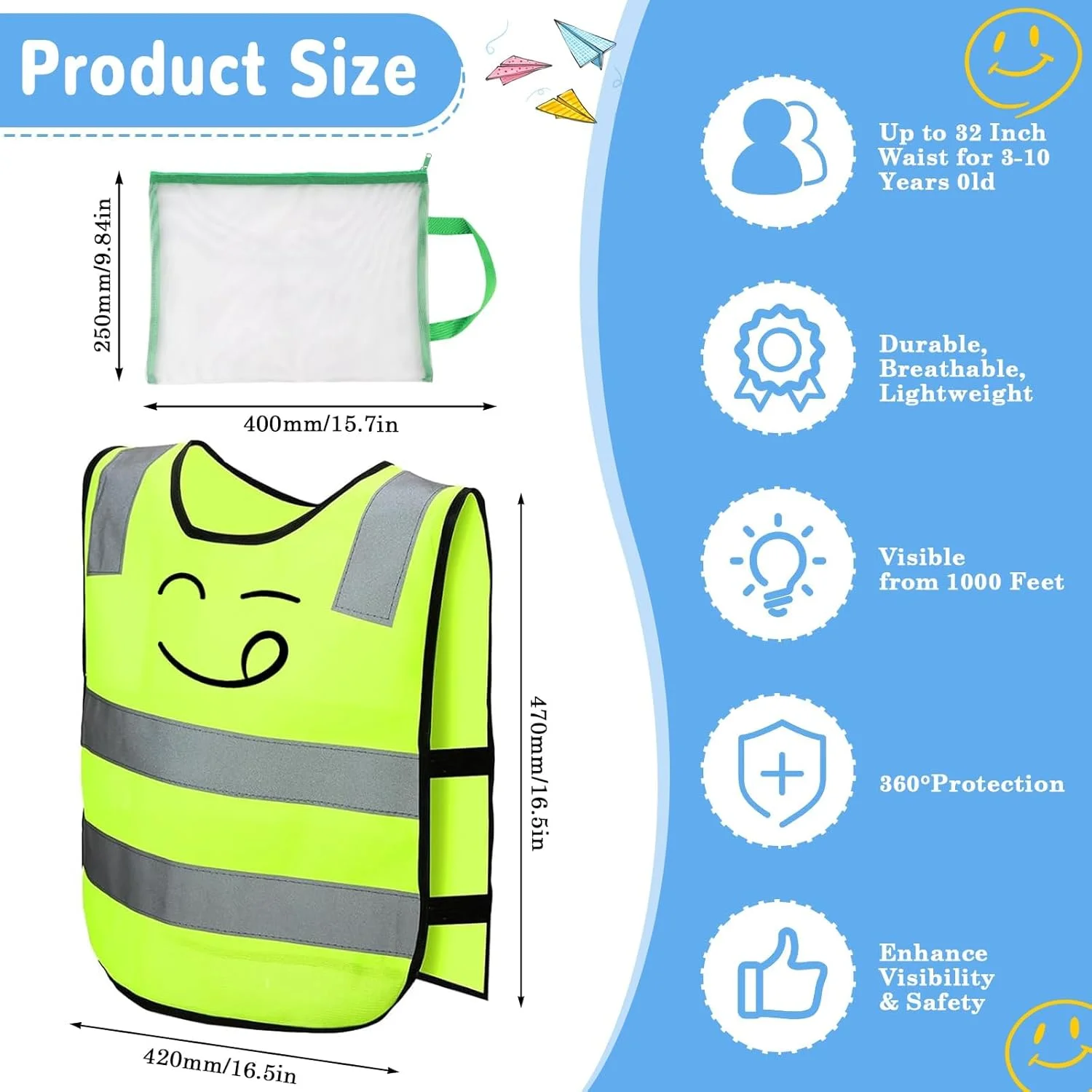 جلیقه دید بالا برای کودکان، جلیقه ایمنی بازتابنده، زرد نئون کودکان، زرد، مناسب برای ورزش، دویدن، دوچرخه سواری، مسیر مدرسه و ماشین (B) 2 عدد جلیقه دید بالا برای بچه ها