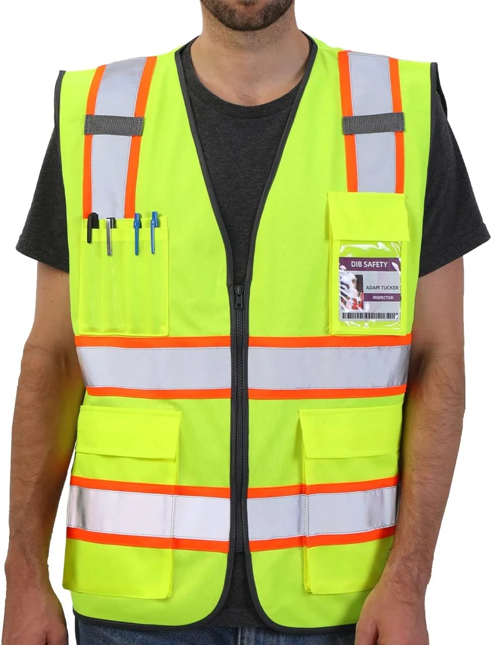 جلیقه ایمنی بازتابنده دید بالا دو رنگ Dib Safety با جیب و زیپ، مطابق با استاندارد ANSI Class 2، زرد با حاشیه نارنجی سایز M