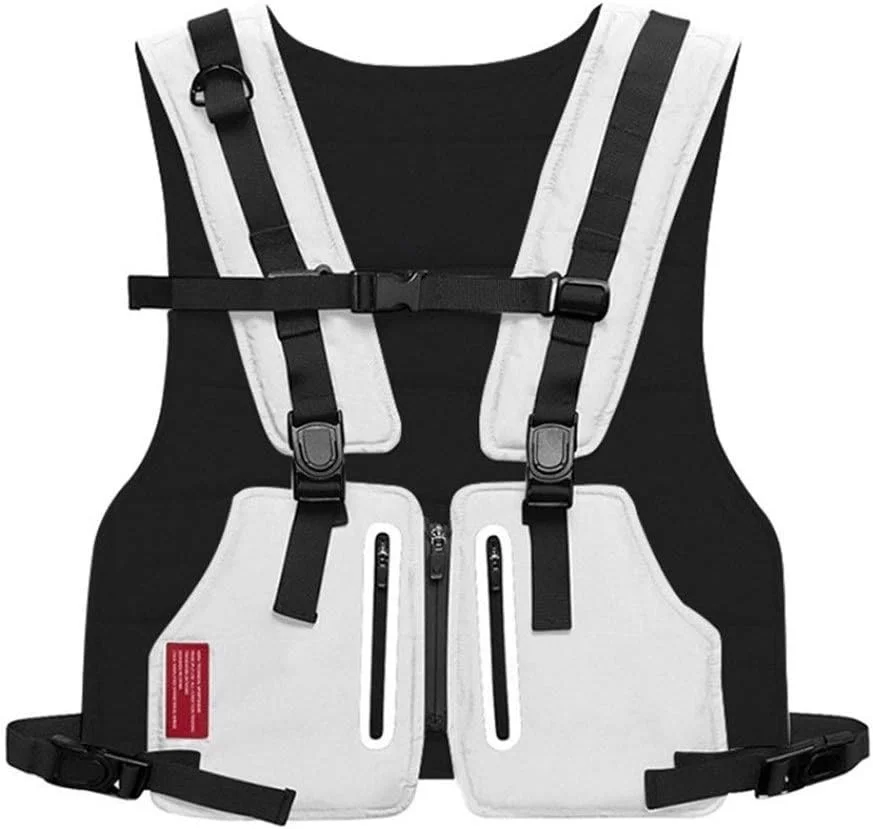 جلیقه تاکتیکی جدید مردانه KODH مناسب استایل خیابانی، کیف موبایل استایل هیپ هاپ، جلیقه کارگو با نوار بازتابنده و جیب (رنگ: سفید)