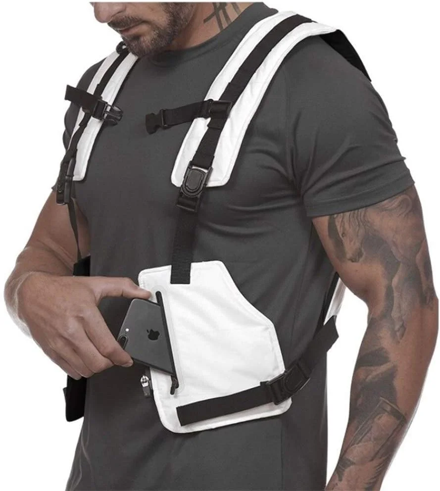 جلیقه تاکتیکی جدید مردانه KODH مناسب استایل خیابانی، کیف موبایل استایل هیپ هاپ، جلیقه کارگو با نوار بازتابنده و جیب (رنگ: سفید)