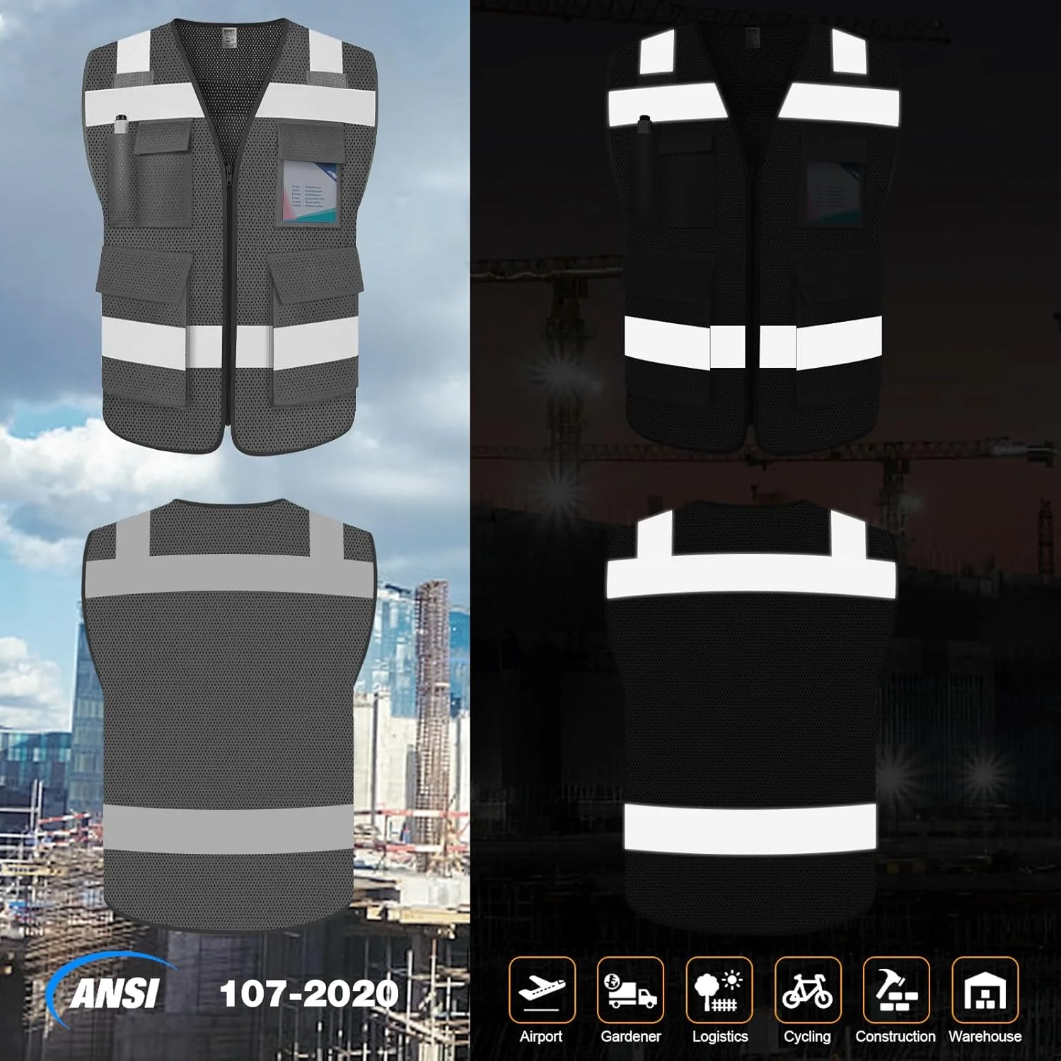 جلیقه ایمنی بازتابنده توری دید بالا TCCFCCT برای مردان و زنان با 2 جیب