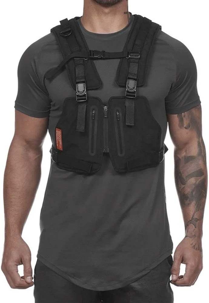 جلیقه تاکتیکی جدید مردانه KODH مناسب استایل خیابانی، کیف موبایل استایل هیپ هاپ، جلیقه کارگو با نوار بازتابنده و جیب (رنگ: سفید)