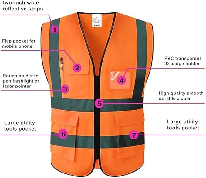 جلیقه ایمنی بازتابنده DXB Gadgets، دید بالا، تنفس پذیر، ژاکت هشدار روز و شب با زیپ و 5 جیب برای ساخت و ساز، ترافیک، ایمنی دوچرخه سواری