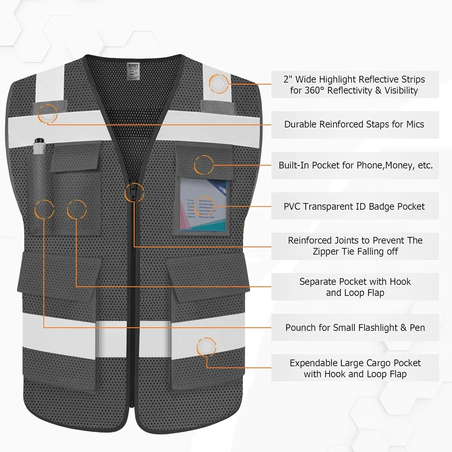جلیقه ایمنی بازتابنده توری دید بالا TCCFCCT برای مردان و زنان با 2 جیب