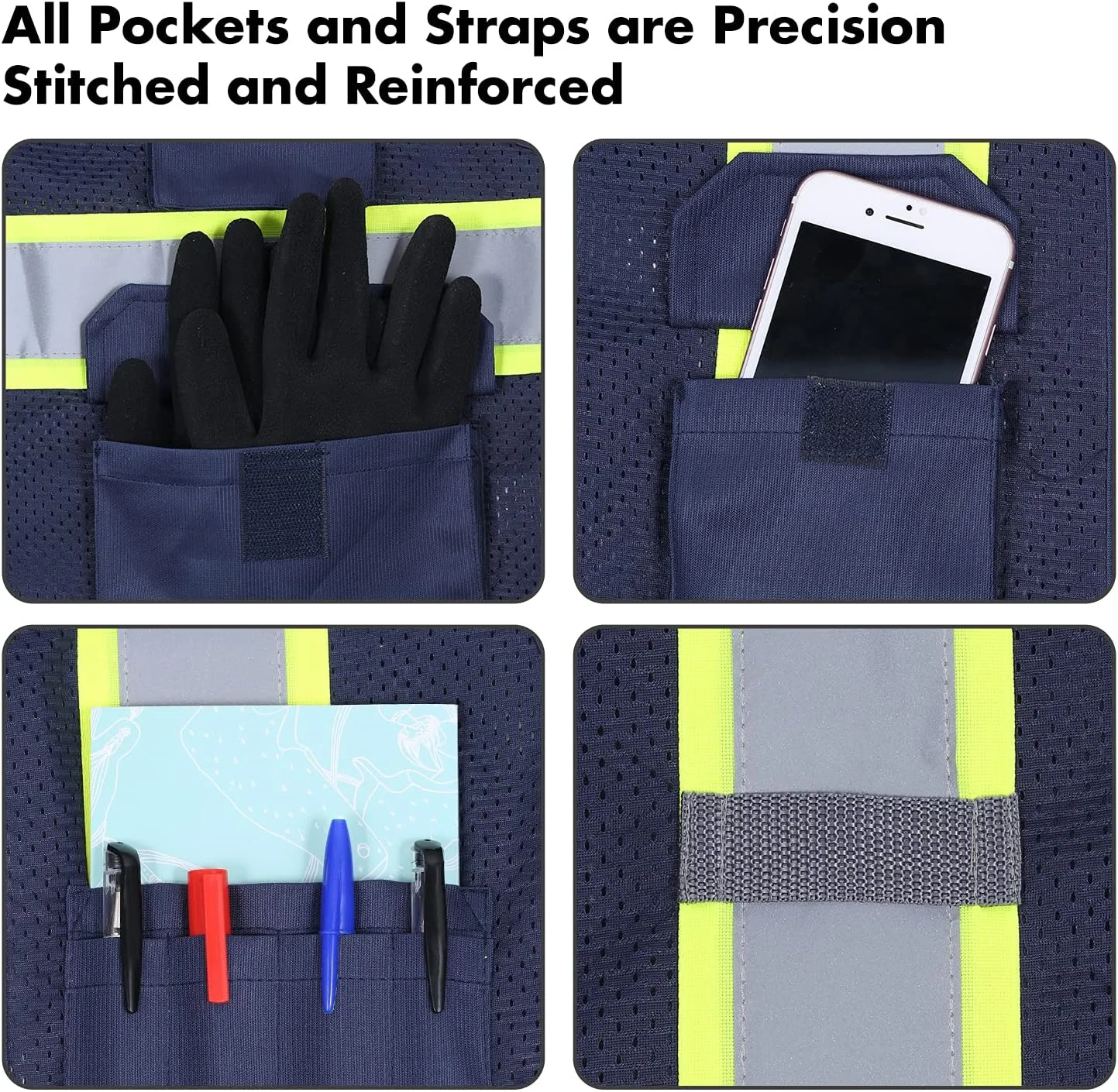 جلیقه ایمنی فونیررا برای مردان، جلیقه توری دید بالا بازتابنده با 8 جیب و زیپ، جلیقه کار ساخت و ساز دید بالا