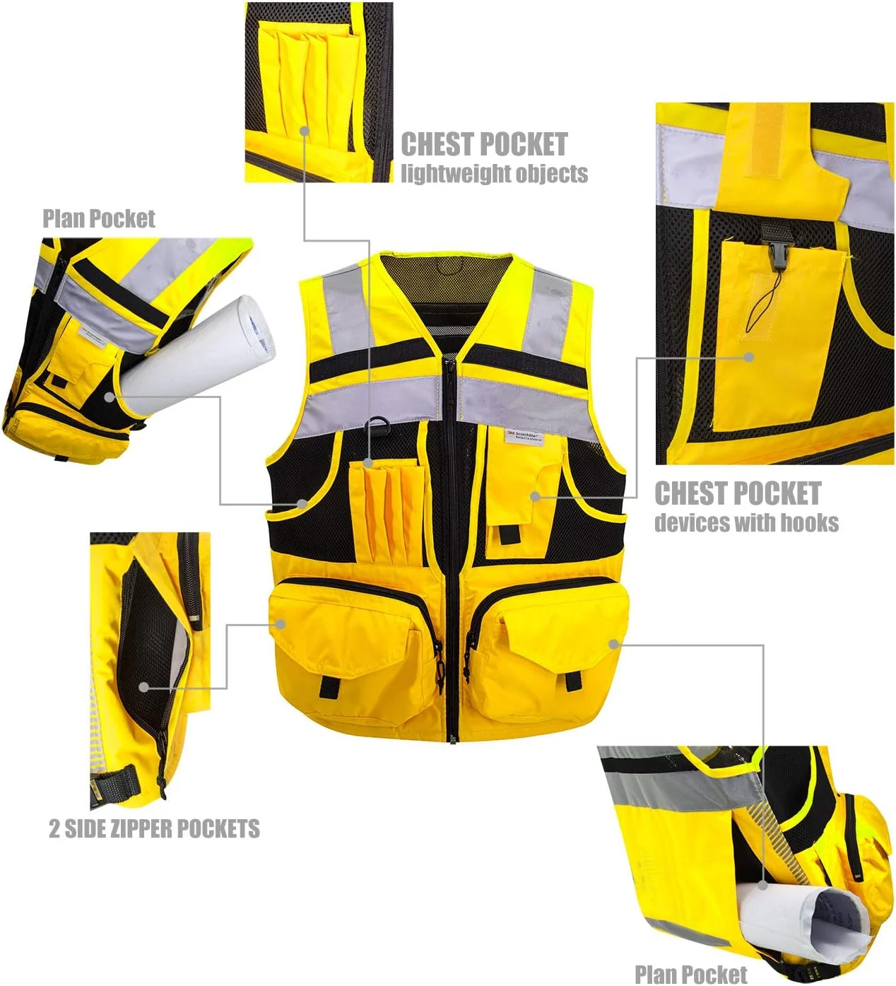 جلیقه ایمنی راه راه بازتابنده 3M، جلیقه بافتنی زرد دید بالا با 10 جیب، لباس کار ساختمانی روشن برای مردان و زنان.