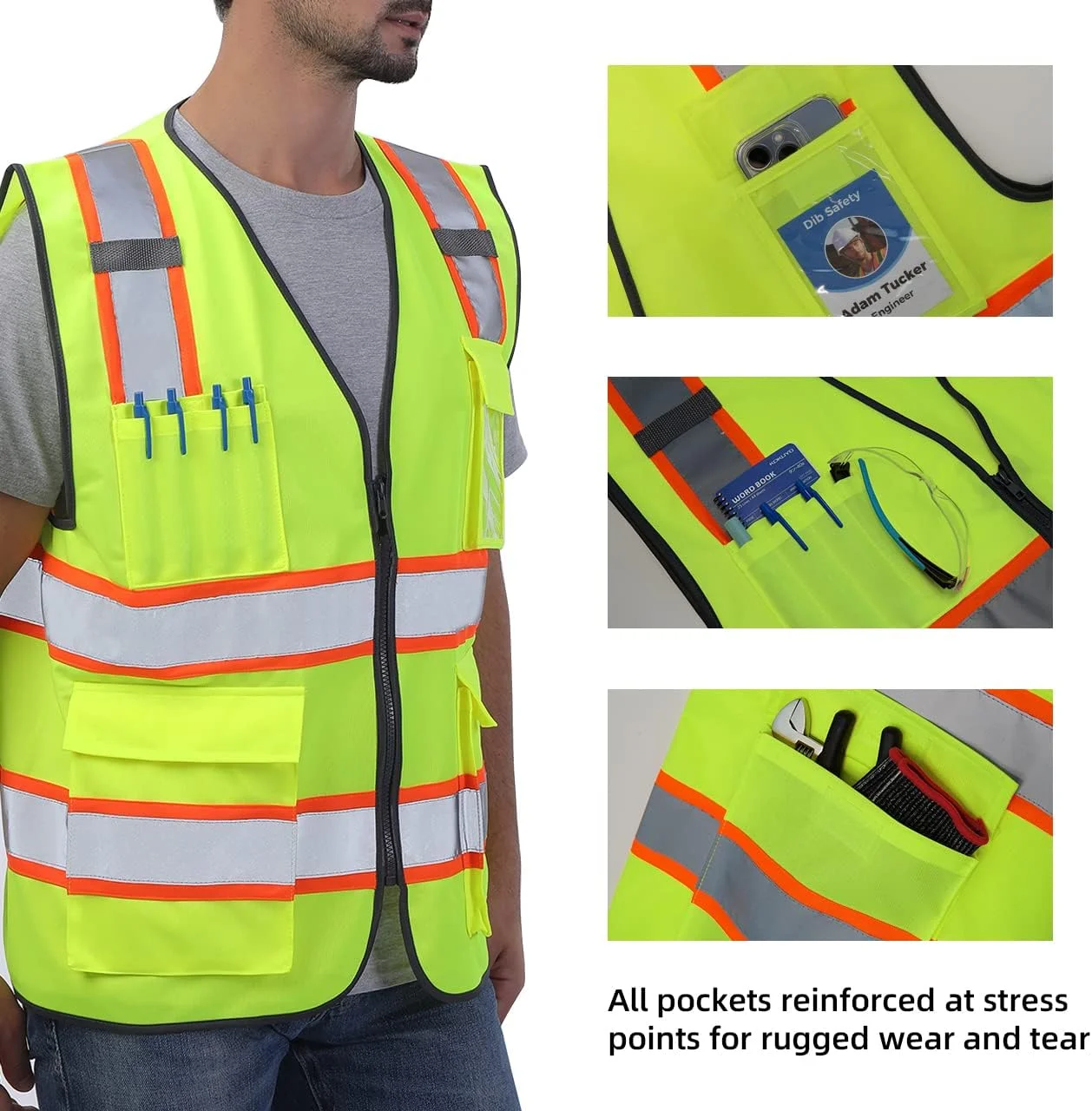 جلیقه ایمنی بازتابنده دید بالا دو رنگ Dib Safety با جیب و زیپ، مطابق با استاندارد ANSI Class 2، زرد با حاشیه نارنجی سایز M