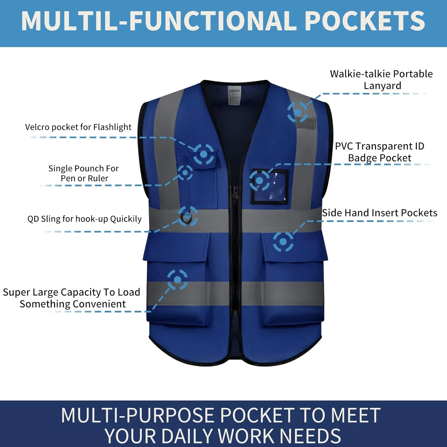 جلیقه ایمنی دید بالا UNATOM با نوارهای بازتابنده مطابق با استاندارد ANSI/ISEA