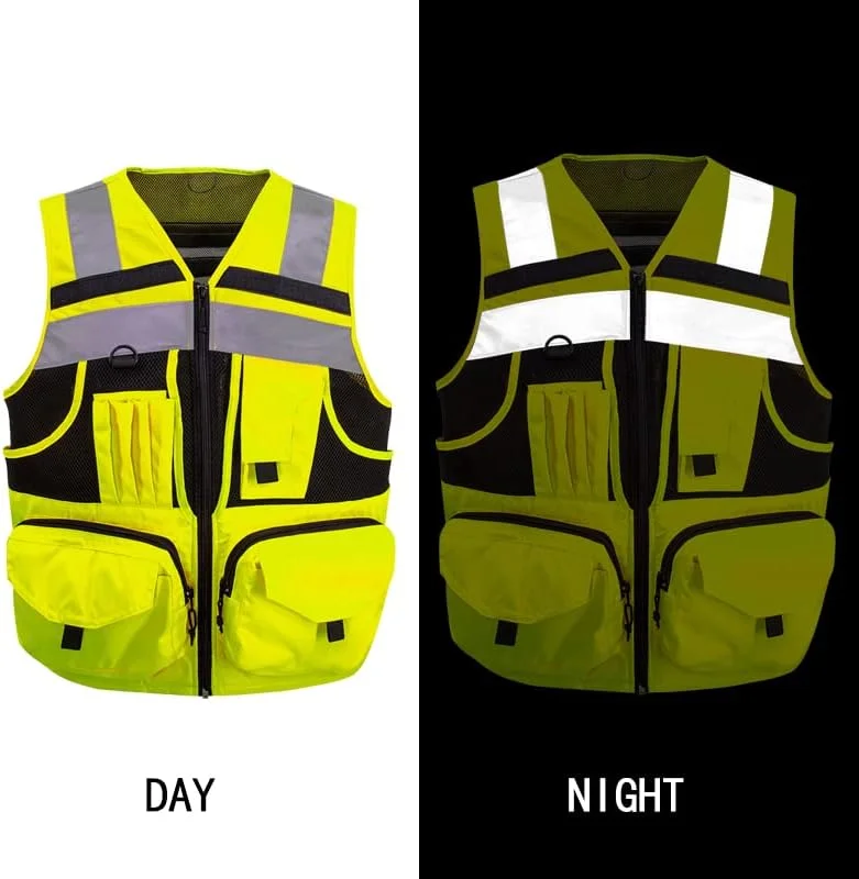 جلیقه ایمنی راه راه بازتابنده 3M، جلیقه بافتنی زرد دید بالا با 10 جیب، لباس کار ساختمانی روشن برای مردان و زنان.