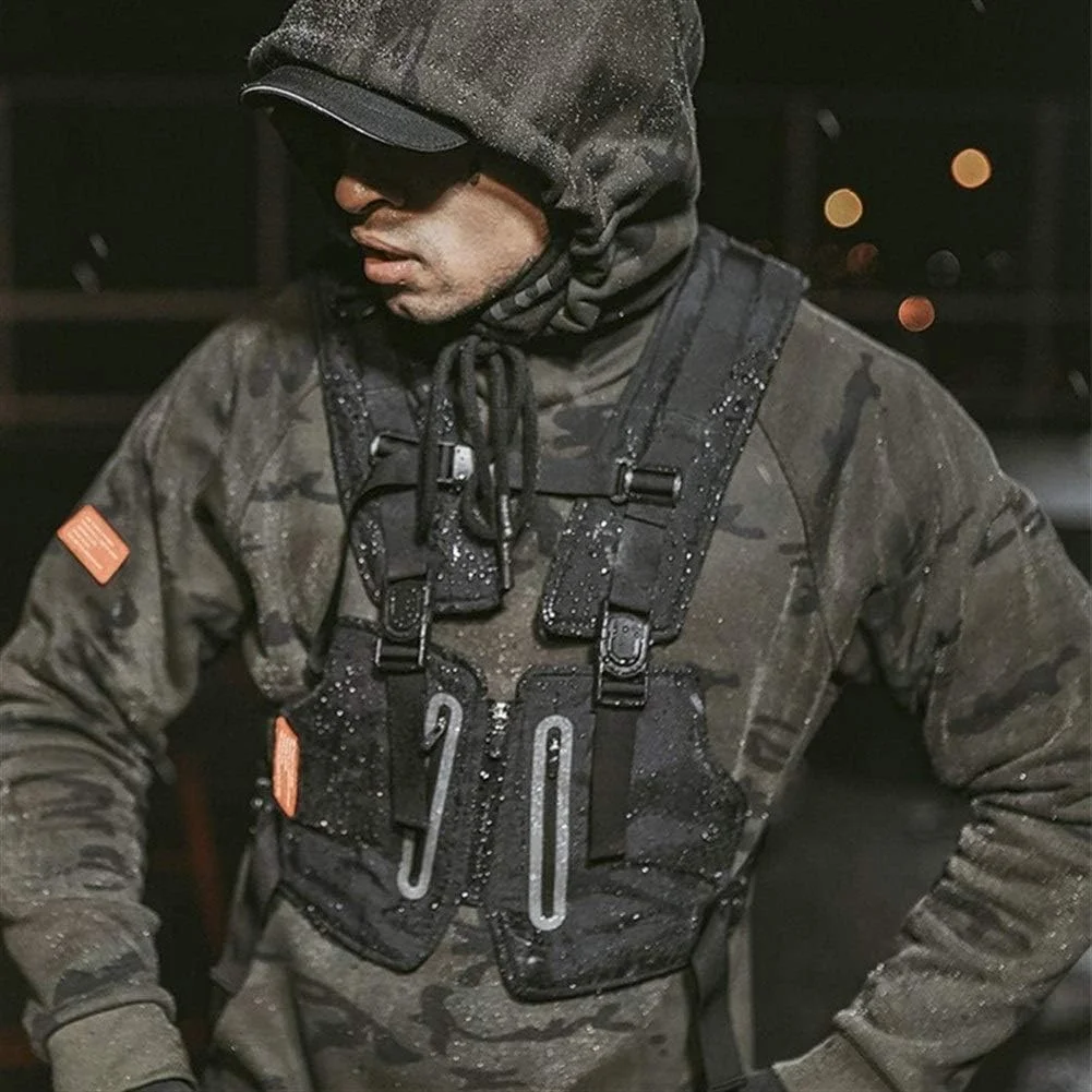 جلیقه تاکتیکی جدید مردانه KODH مناسب استایل خیابانی، کیف موبایل استایل هیپ هاپ، جلیقه کارگو با نوار بازتابنده و جیب (رنگ: سفید)