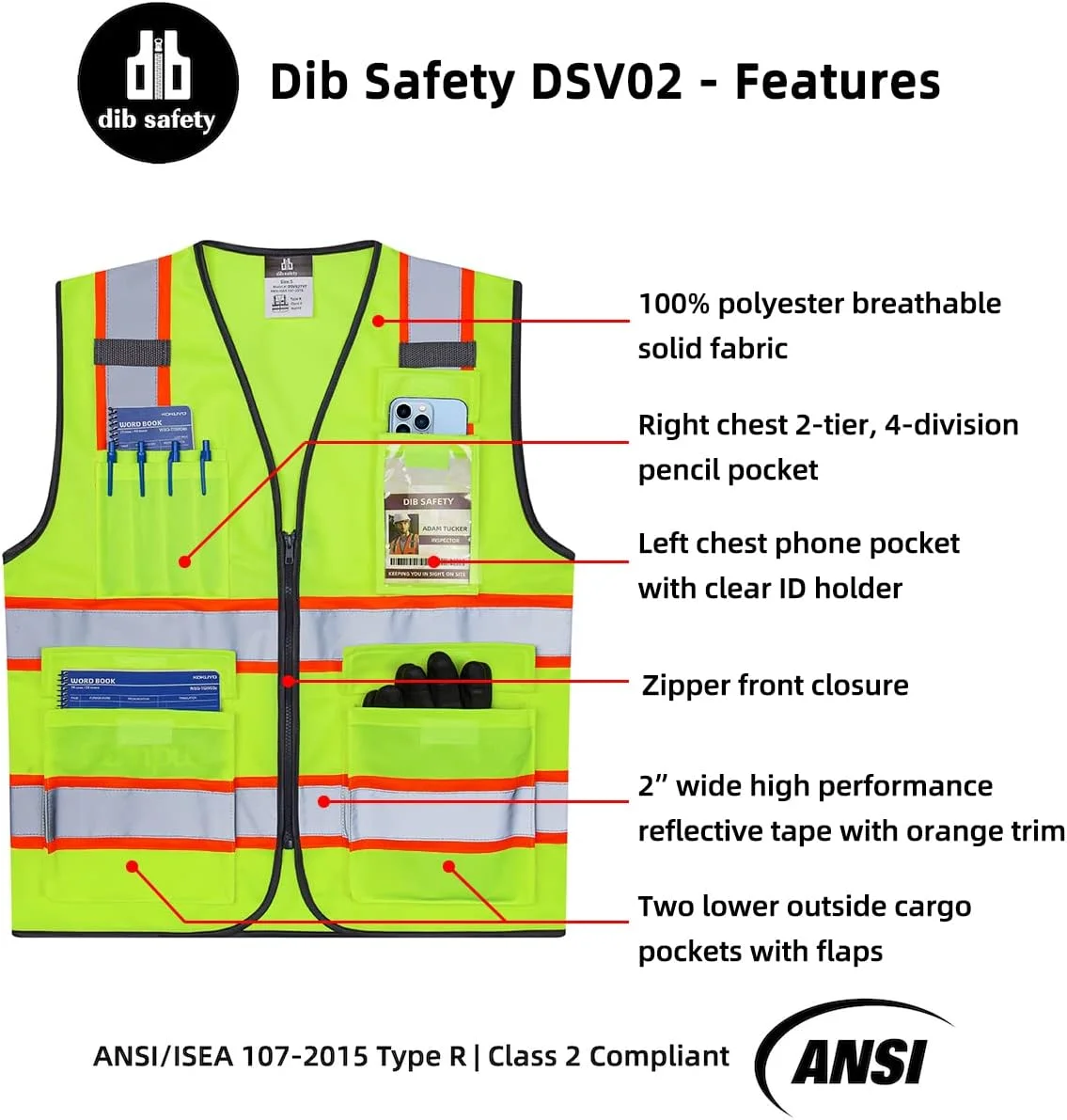 جلیقه ایمنی بازتابنده دید بالا دو رنگ Dib Safety با جیب و زیپ، مطابق با استاندارد ANSI Class 2، زرد با حاشیه نارنجی سایز M