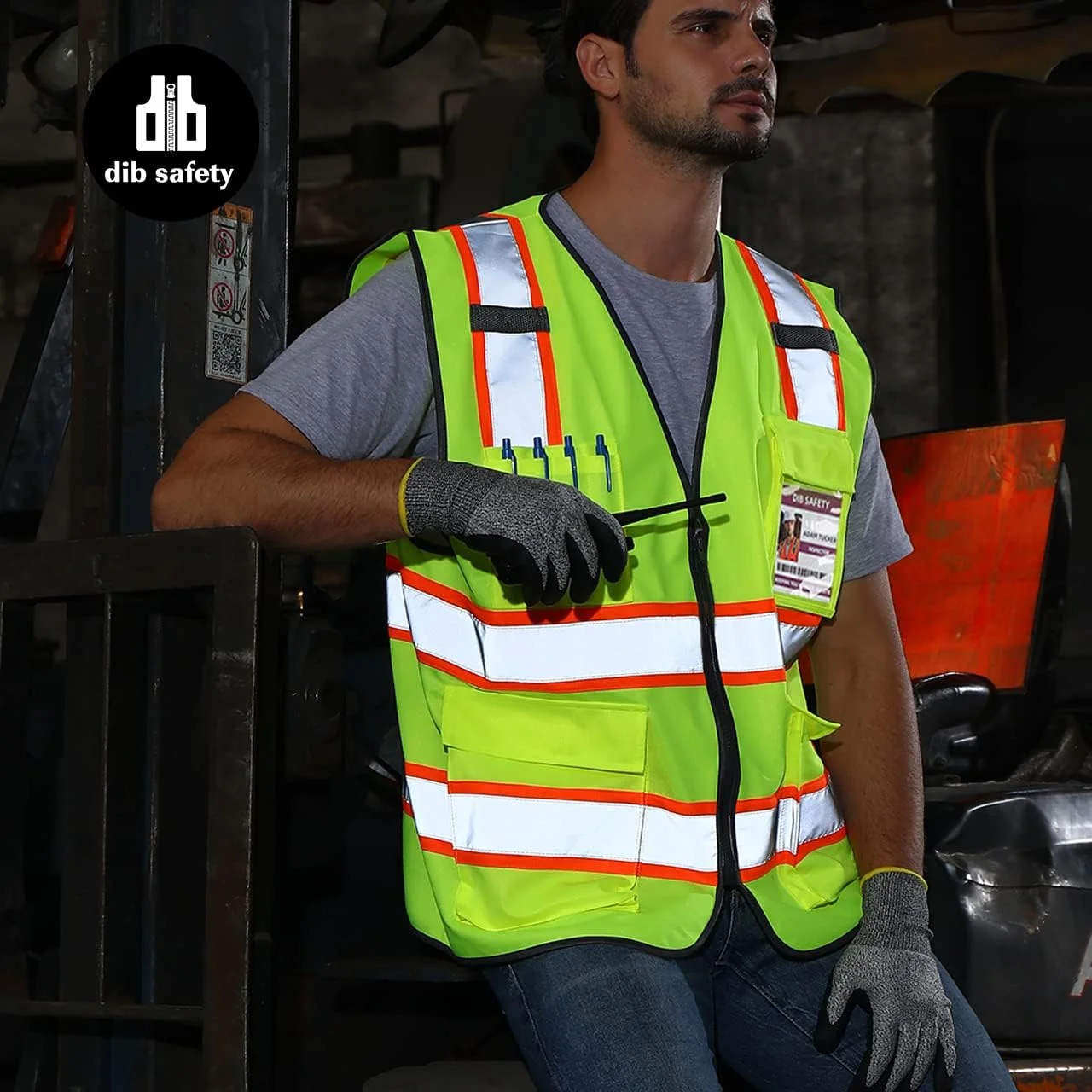 جلیقه ایمنی بازتابنده دید بالا دو رنگ Dib Safety با جیب و زیپ، مطابق با استاندارد ANSI Class 2، زرد با حاشیه نارنجی سایز M