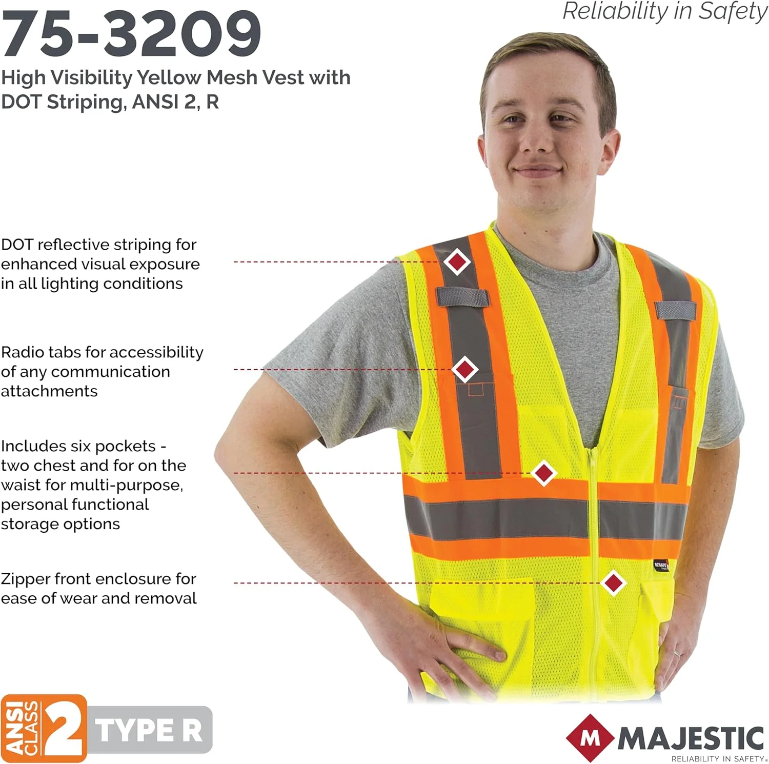 جلیقه توری دید بالا مجستیک یونی‌سکس با نوار نقطه‌ای