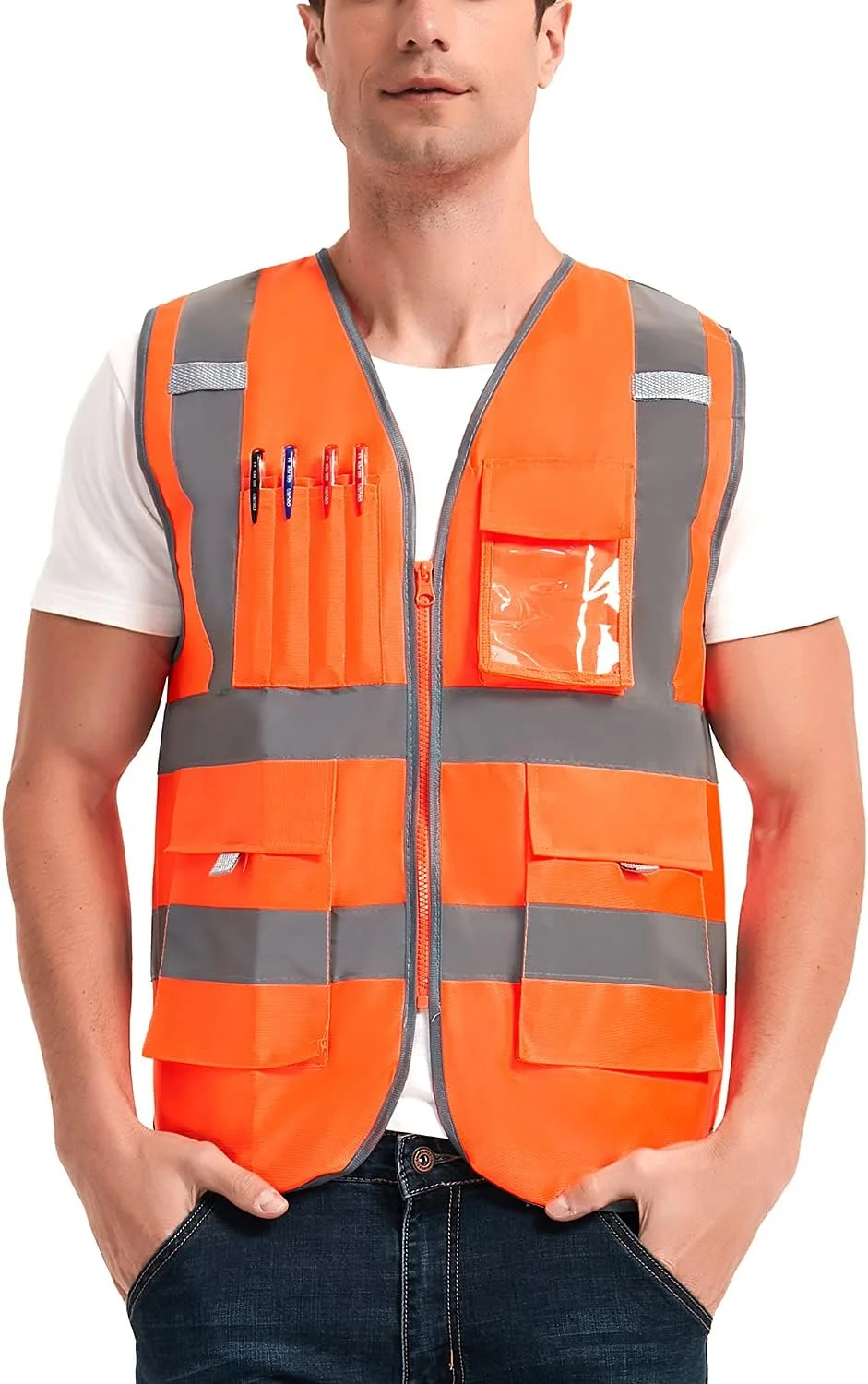 جلیقه ایمنی دید بالا VICRR با نوارهای بازتابنده، 9 جیب و زیپ جلو، جلیقه کار ساختمانی