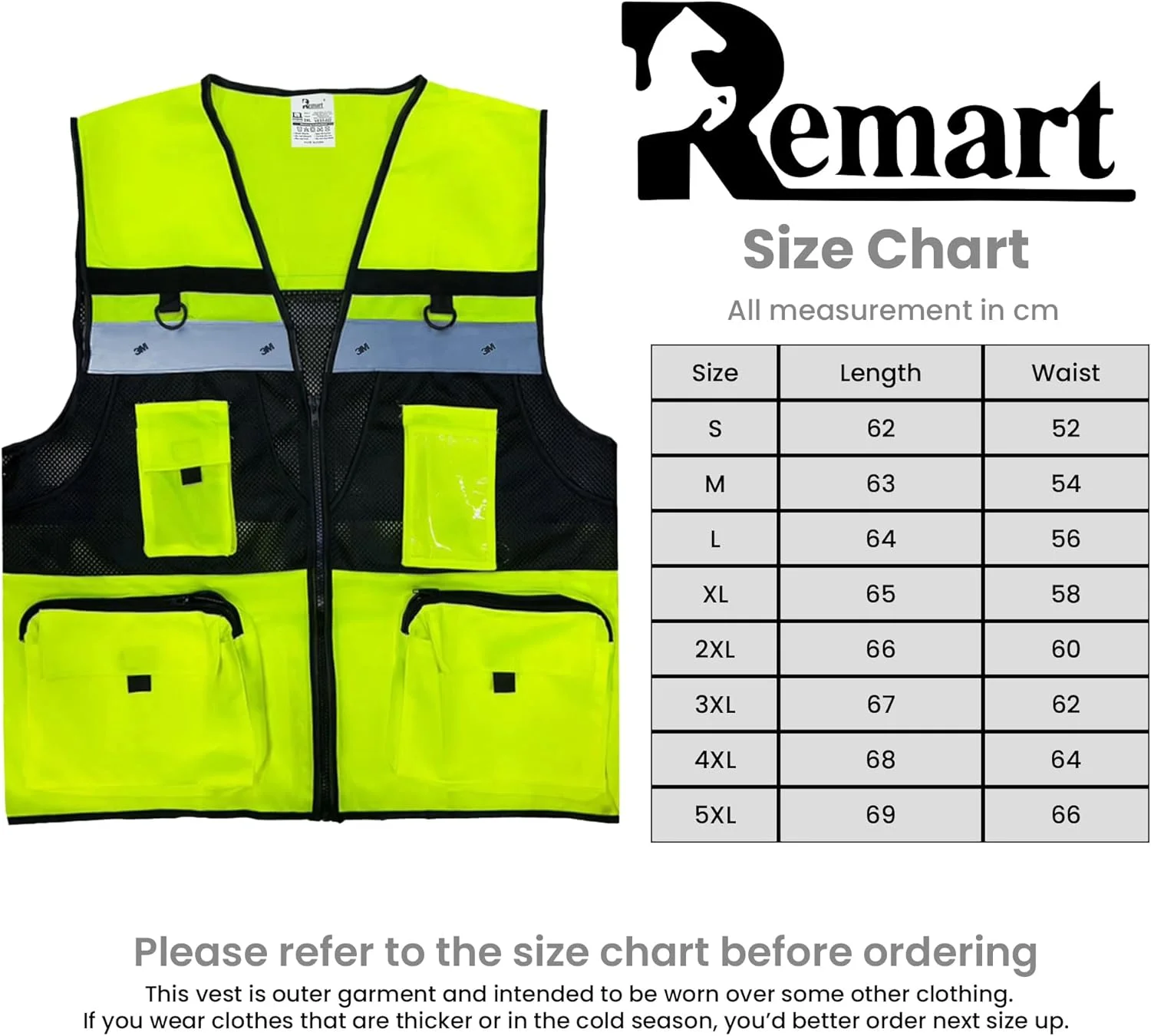 جلیقه ایمنی بازتابنده دید بالا Remart® "3M" مدل 029 مناسب مدیران، دارای جیب های سه بعدی چندگانه، دو جیب بزرگ سه بعدی با درپوش و زیپ