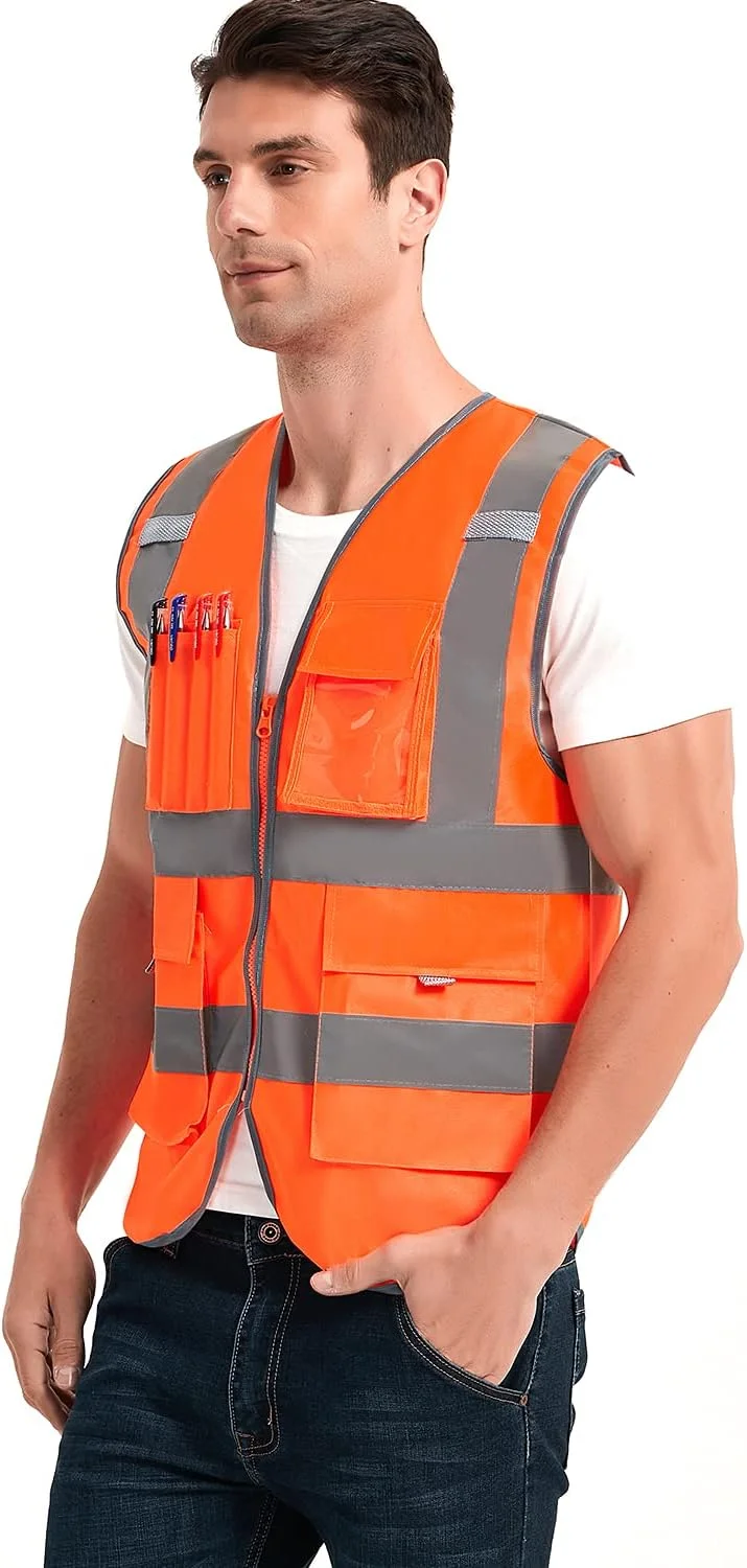 جلیقه ایمنی دید بالا VICRR با نوارهای بازتابنده، 9 جیب و زیپ جلو، جلیقه کار ساختمانی