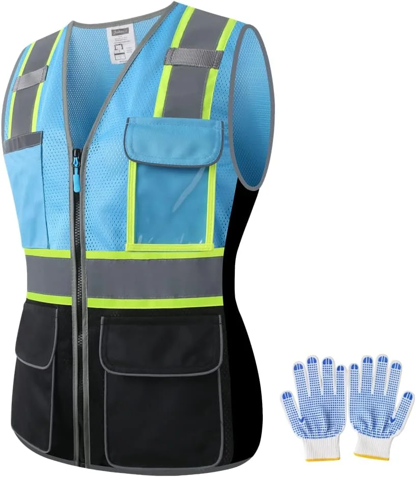 جلیقه ایمنی زنانه JKWEARSA، دارای جیب های متعدد، دید بالا، تنفس پذیر، جلیقه کار توری برای بانوان، زیپ بادوام