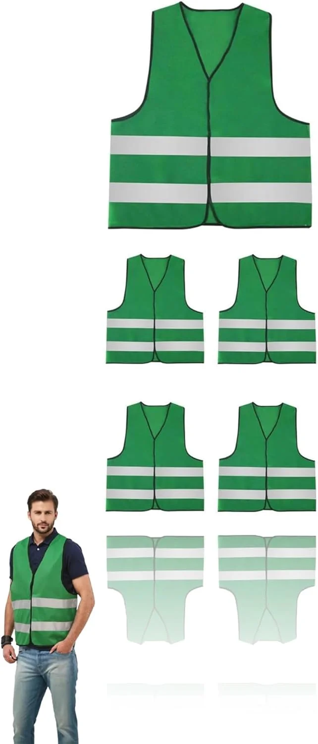 ست 5 عددی جلیقه ایمنی نئون با نوارهای بازتابنده برای دویدن، کنترل ترافیک، ساخت و ساز، نقشه برداری و امنیت - تنفس پذیر، بادوام، سایز جهانی (سبز چمنی)