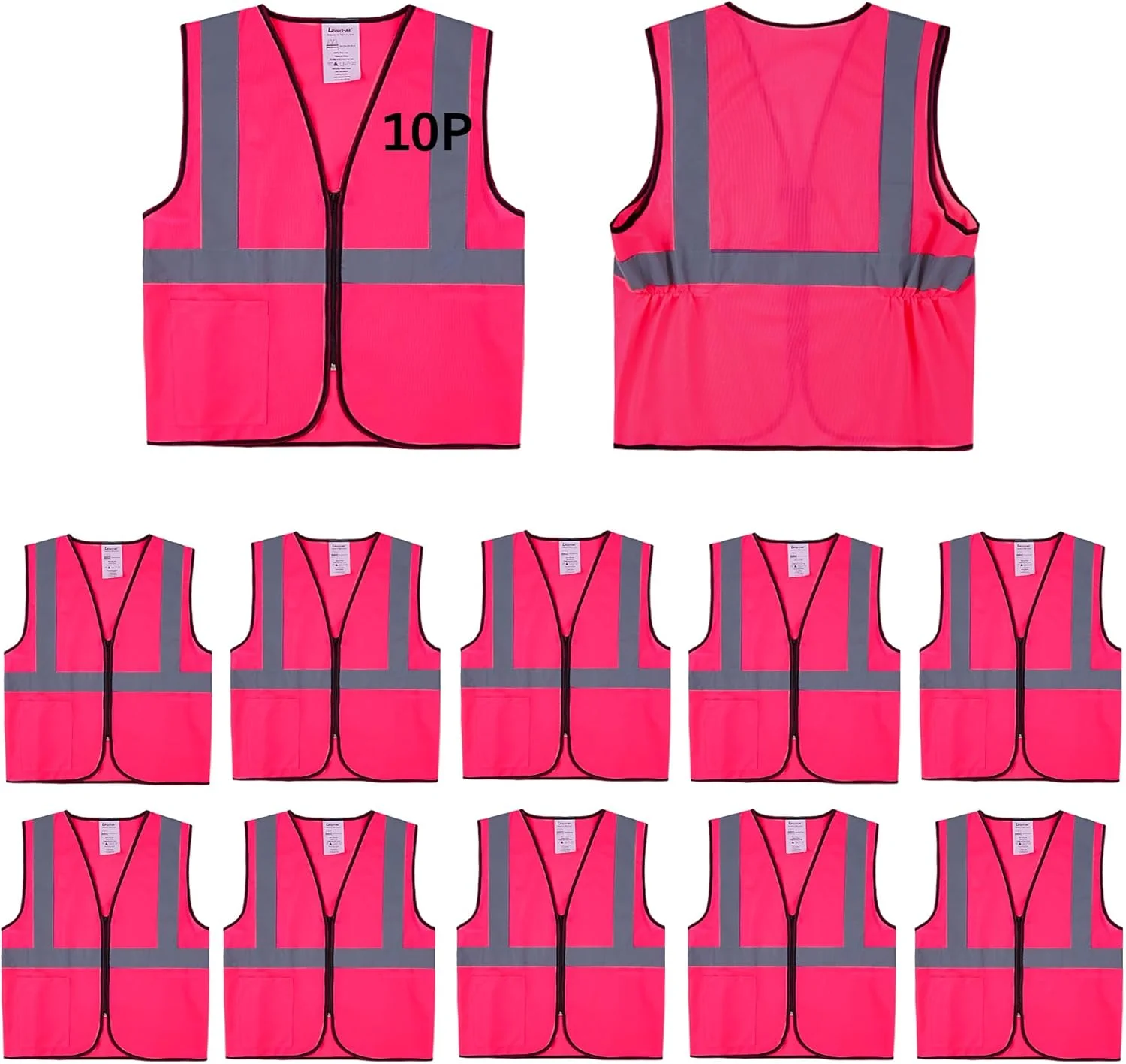 جلیقه های ایمنی Lavori-AK بسته 10 عددی - جلیقه کار ساختمانی بازتابنده زرد با دید بالا کلاس 2 برای مردان و زنان