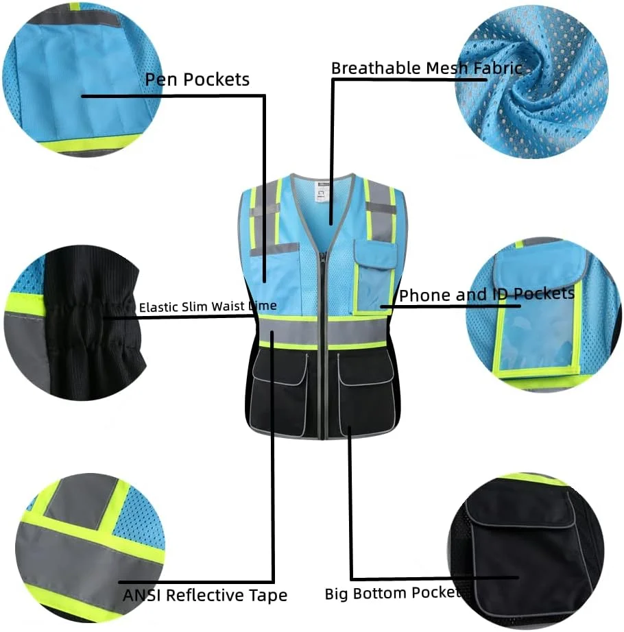 جلیقه ایمنی زنانه JKWEARSA، دارای جیب های متعدد، دید بالا، تنفس پذیر، جلیقه کار توری برای بانوان، زیپ بادوام