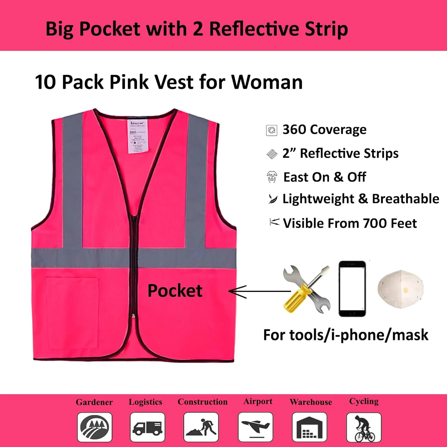 جلیقه های ایمنی Lavori-AK بسته 10 عددی - جلیقه کار ساختمانی بازتابنده زرد با دید بالا کلاس 2 برای مردان و زنان