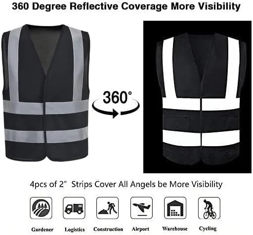 جلیقه ایمنی اکو کر - جلیقه های بازتابنده با دید بالا، ژاکت ایمنی هشدار روز و شب، مردانه زنانه - مشکی (بسته 2 عددی)