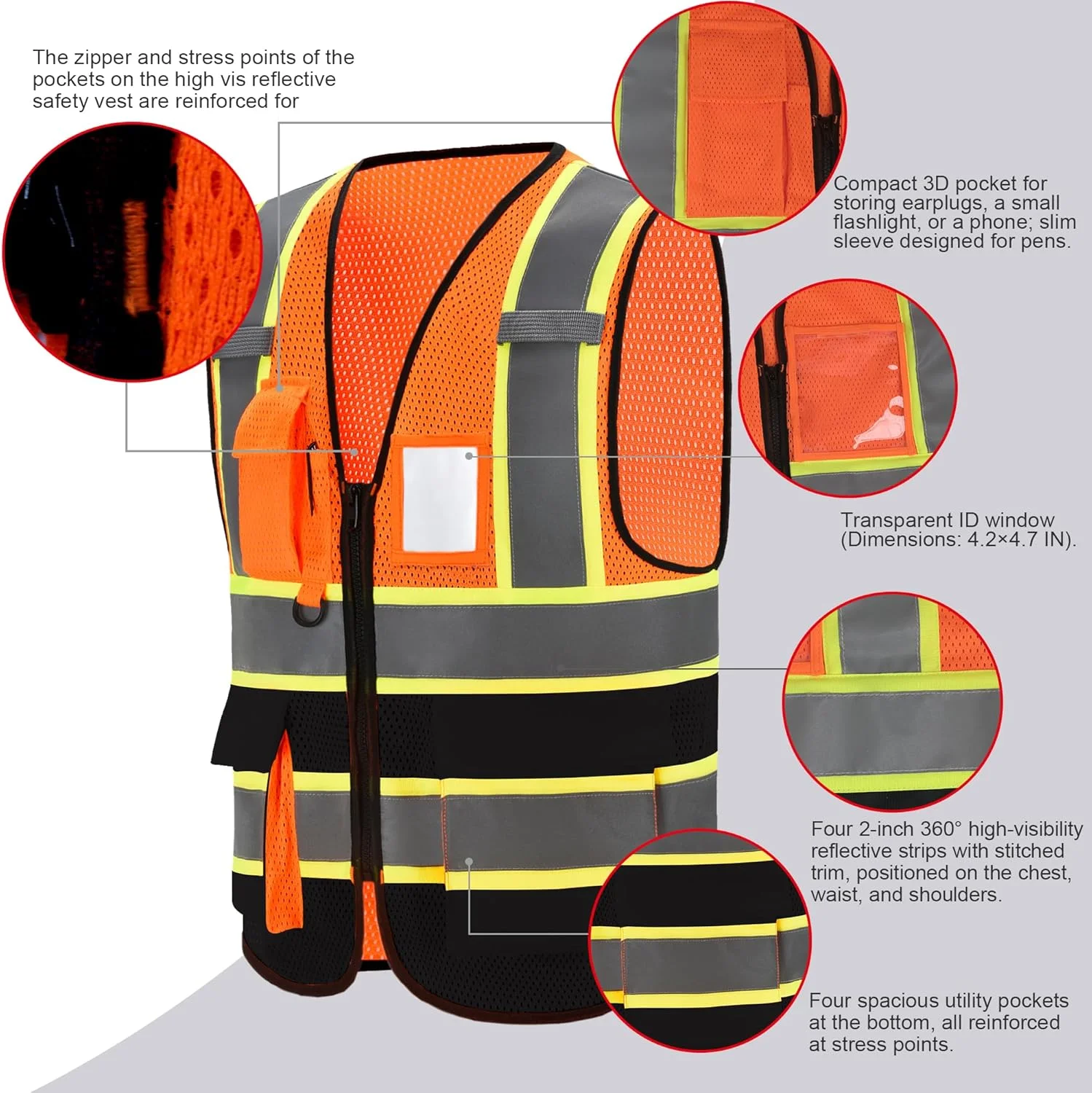 جلیقه ایمنی توری A-SAFETY، جلیقه ساختمانی بازتابنده سبک وزن با جیب، جلیقه ایمنی برای مردان/زنان