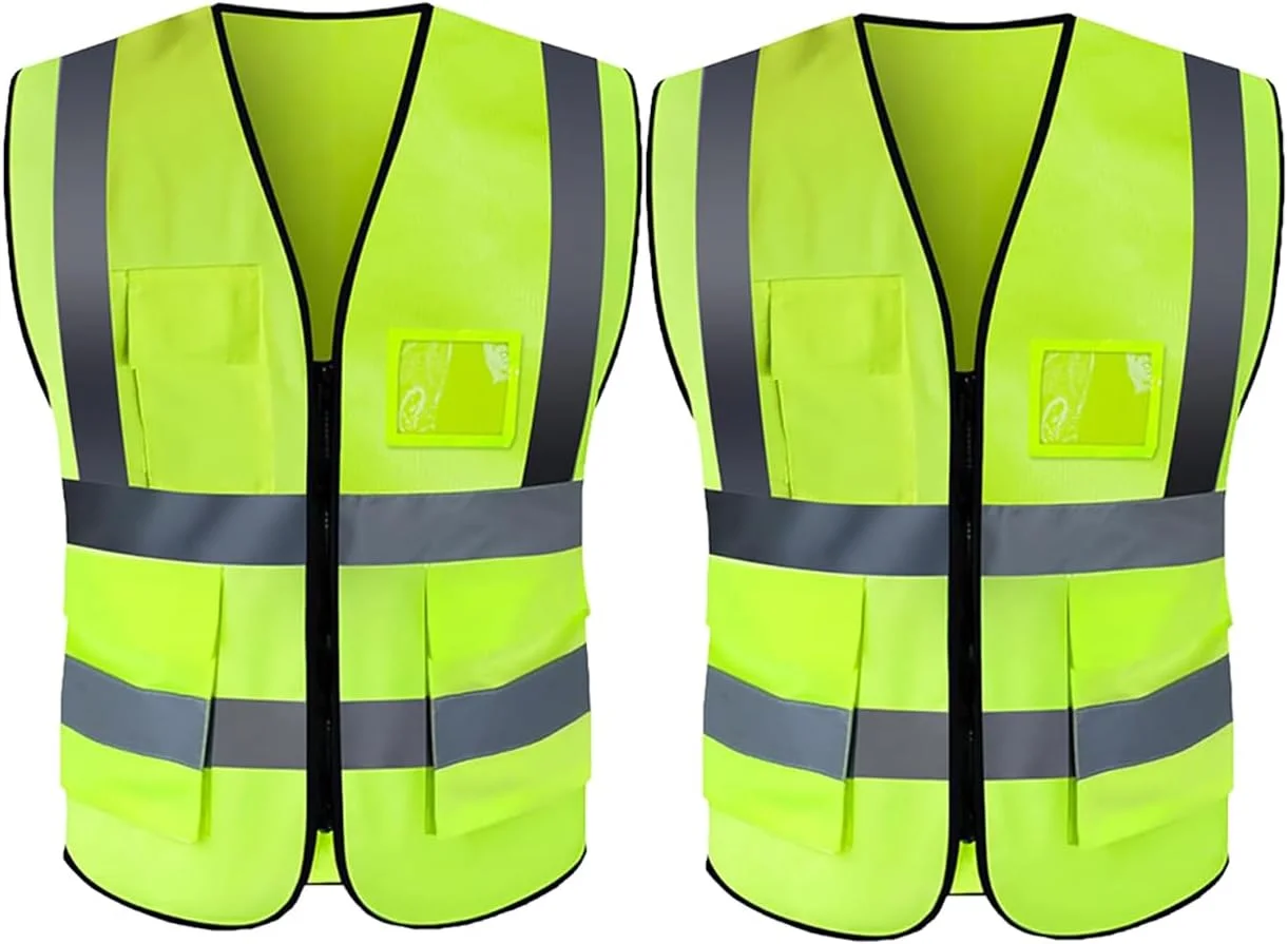 جلیقه ایمنی اکو کر - جلیقه بازتابنده با دید بالا، ژاکت ایمنی هشدار روز و شب با زیپ و 4 جیب (بسته 2 عددی)