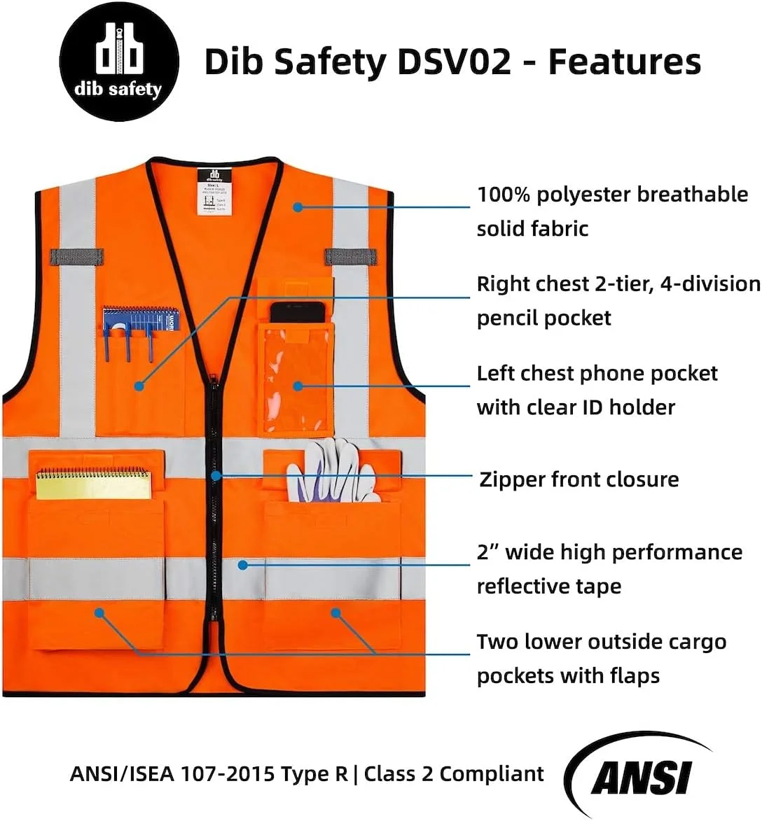 جلیقه ایمنی بازتابنده Dib، کلاس 2 ANSI، جلیقه دید بالا با جیب و زیپ، جلیقه کار ساختمانی نارنجی M جلیقه ایمنی بازتابنده Dib، کلاس 2 ANSI، جلیقه دید بالا با جیب و زیپ، جلیقه کار ساختمانی نارنجی M