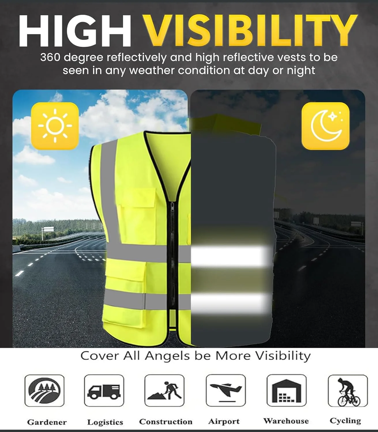 جلیقه ایمنی اکو کر - جلیقه بازتابنده با دید بالا، ژاکت ایمنی هشدار روز و شب با زیپ و 4 جیب (بسته 2 عددی)