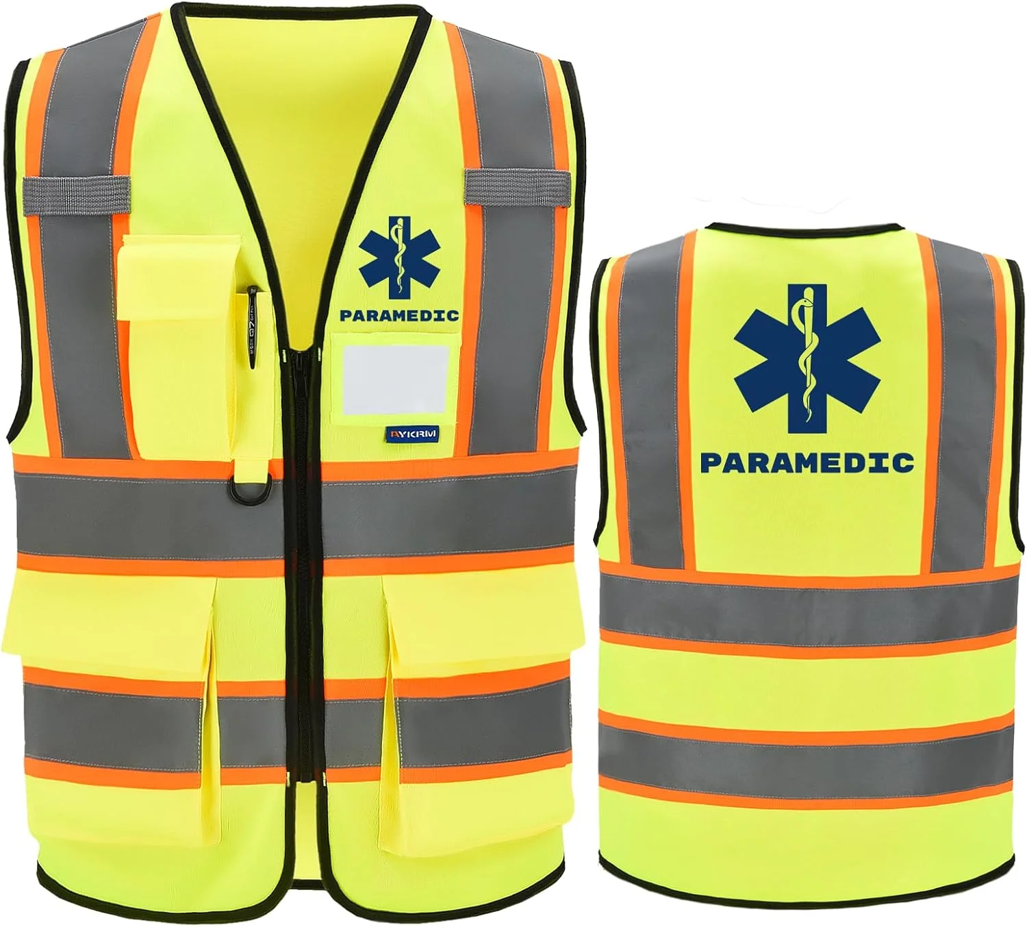 جلیقه ایمنی AYKRM برای مردان و زنان، 7 جیب، دید بالا، جلیقه ایمنی بازتابنده با زیپ جلو مطابق با استاندارد ANSI/ISEA