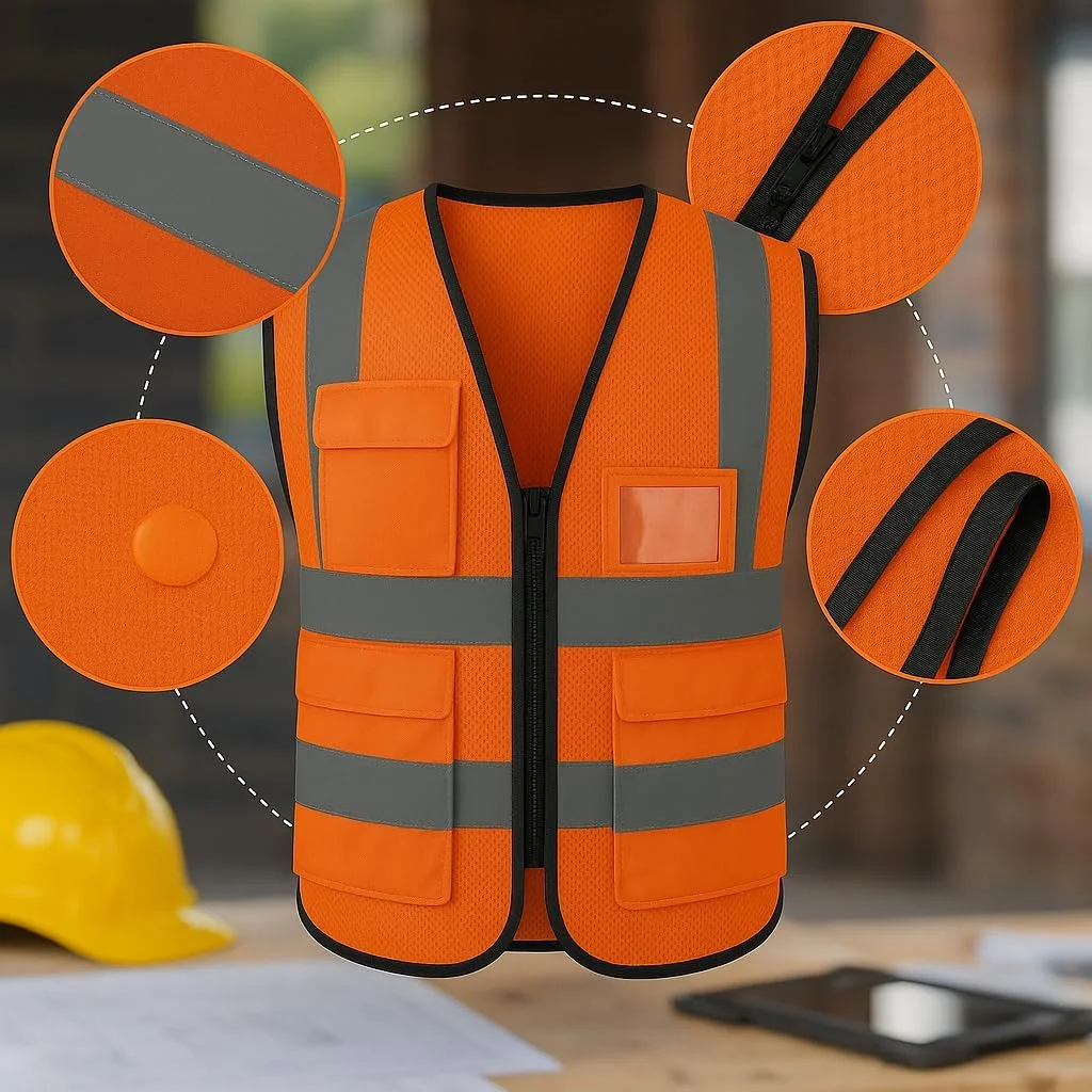 جلیقه ایمنی دید بالا با جیب - جلیقه های بازتابنده برای ساخت و ساز و کار در فضای باز، توری سبک وزن و بادوام
