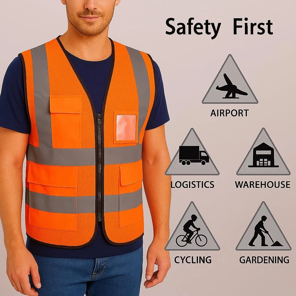 جلیقه ایمنی دید بالا با جیب - جلیقه های بازتابنده برای ساخت و ساز و کار در فضای باز، توری سبک وزن و بادوام