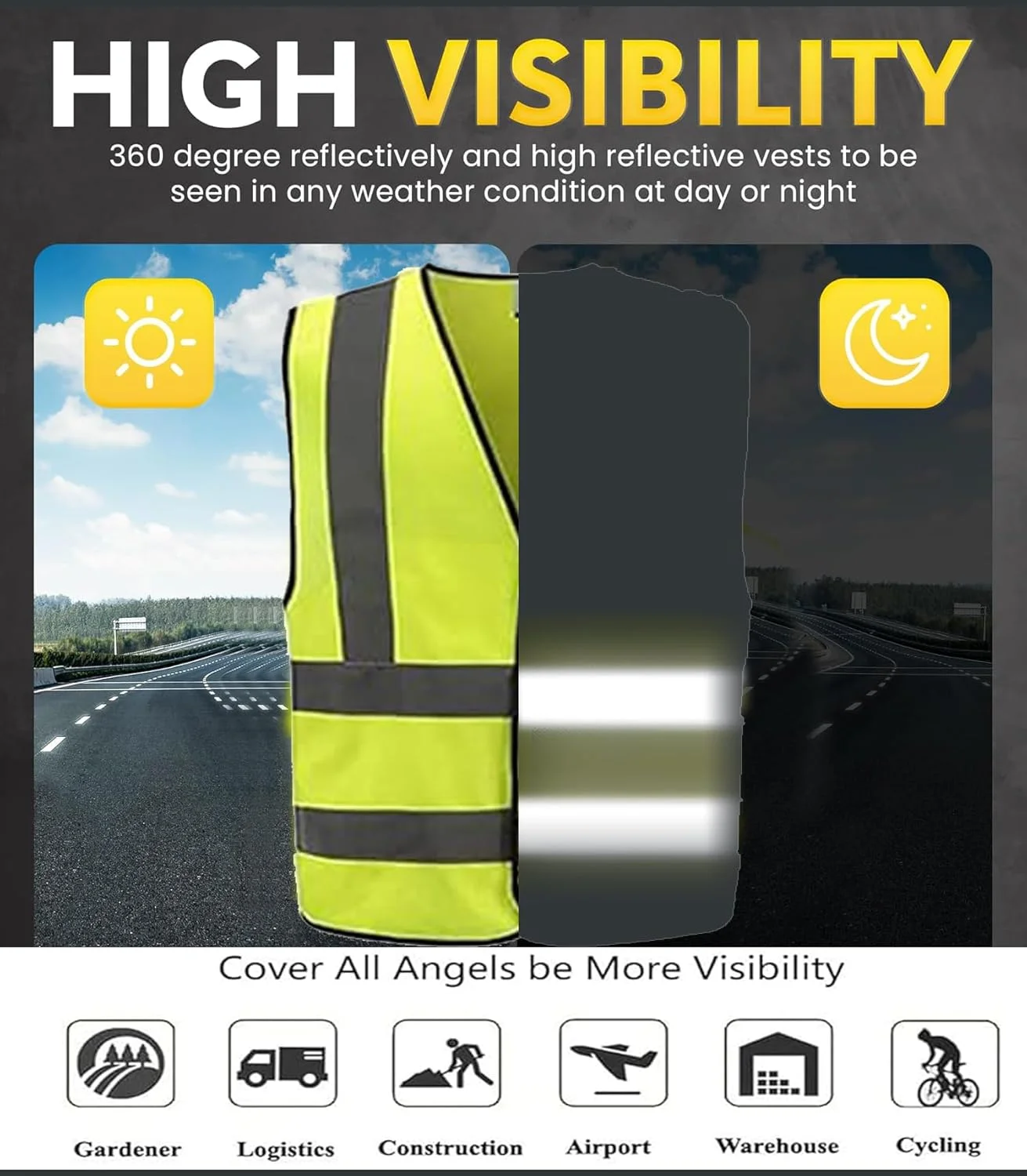 جلیقه ایمنی بازتابنده اکو کر، دید بالا، ژاکت ایمنی هشدار روز و شب، بستن چسبی، زرد