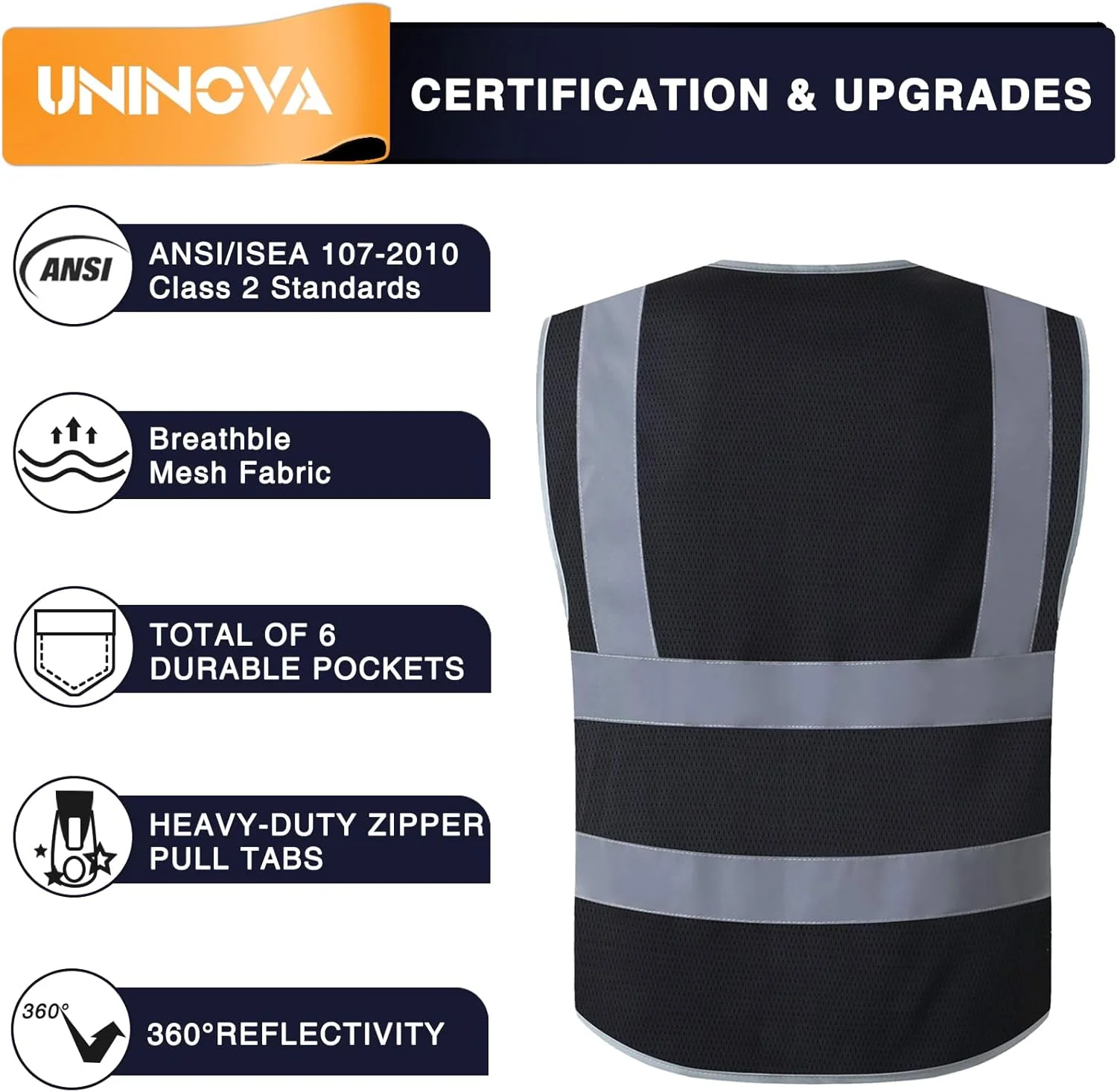 جلیقه ایمنی دید بالا UNINOVA - لباس کار تنفسی توری بازتابنده چند جیب، استاندارد ANSI/ISEA
