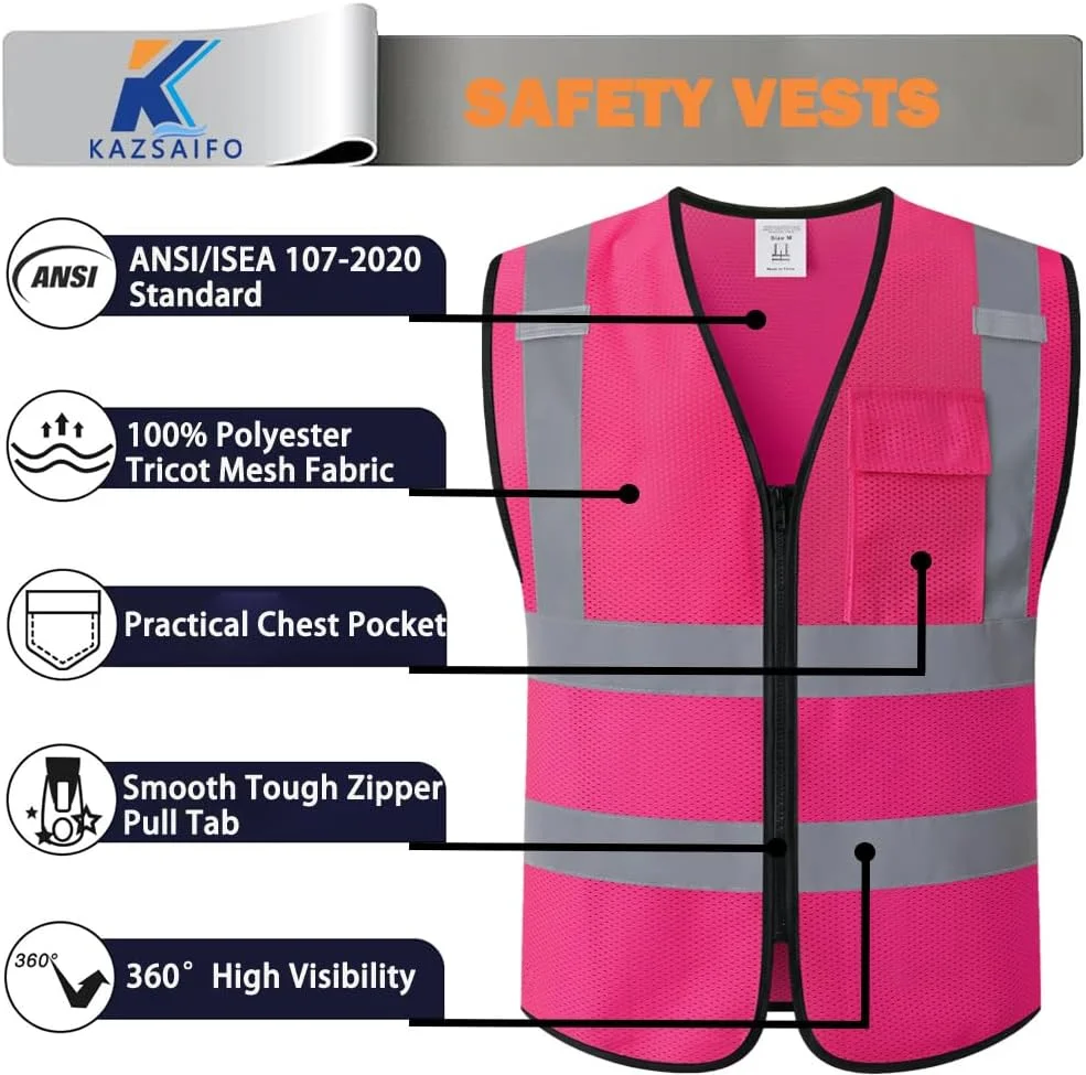 جلیقه ایمنی توری دید بالا Kazsaifo برای مردان و زنان، بازتابنده با جیب سینه و زیپ جلو، مطابق با استاندارد ANSI/ISEA
