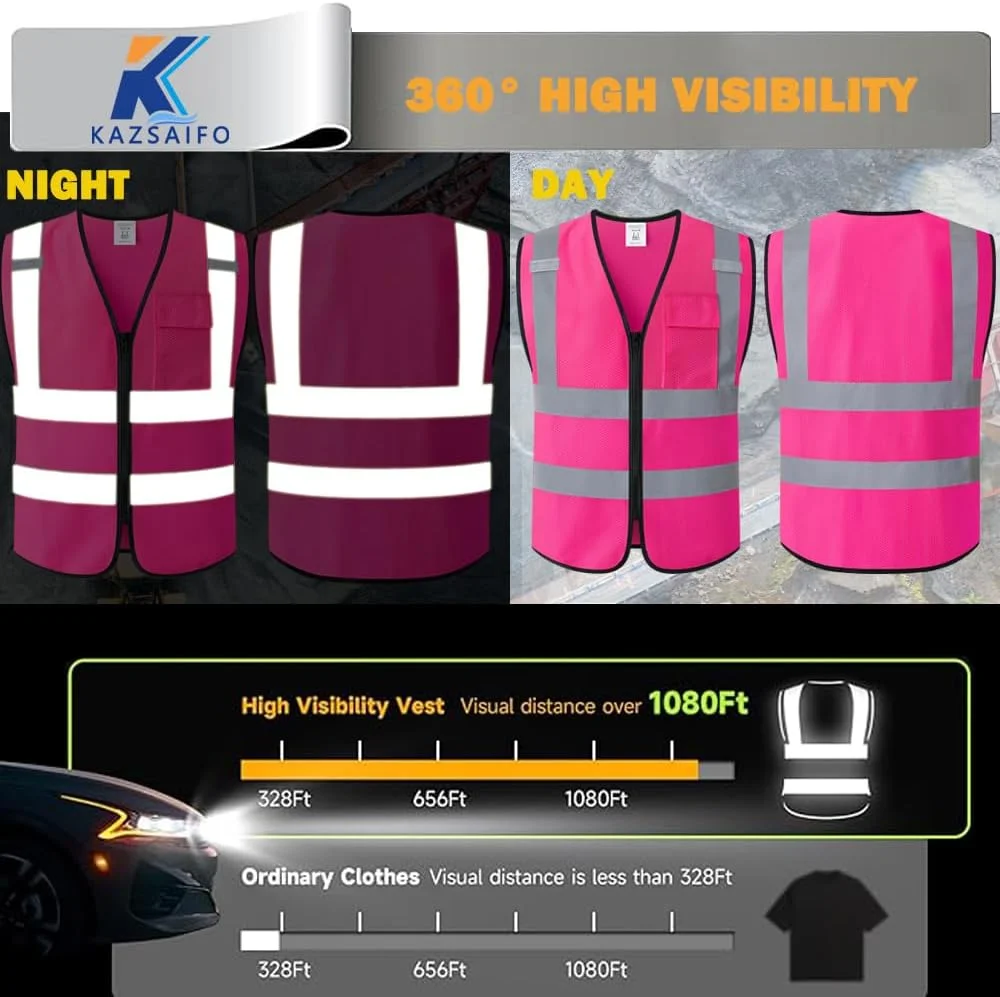 جلیقه ایمنی توری دید بالا Kazsaifo برای مردان و زنان، بازتابنده با جیب سینه و زیپ جلو، مطابق با استاندارد ANSI/ISEA