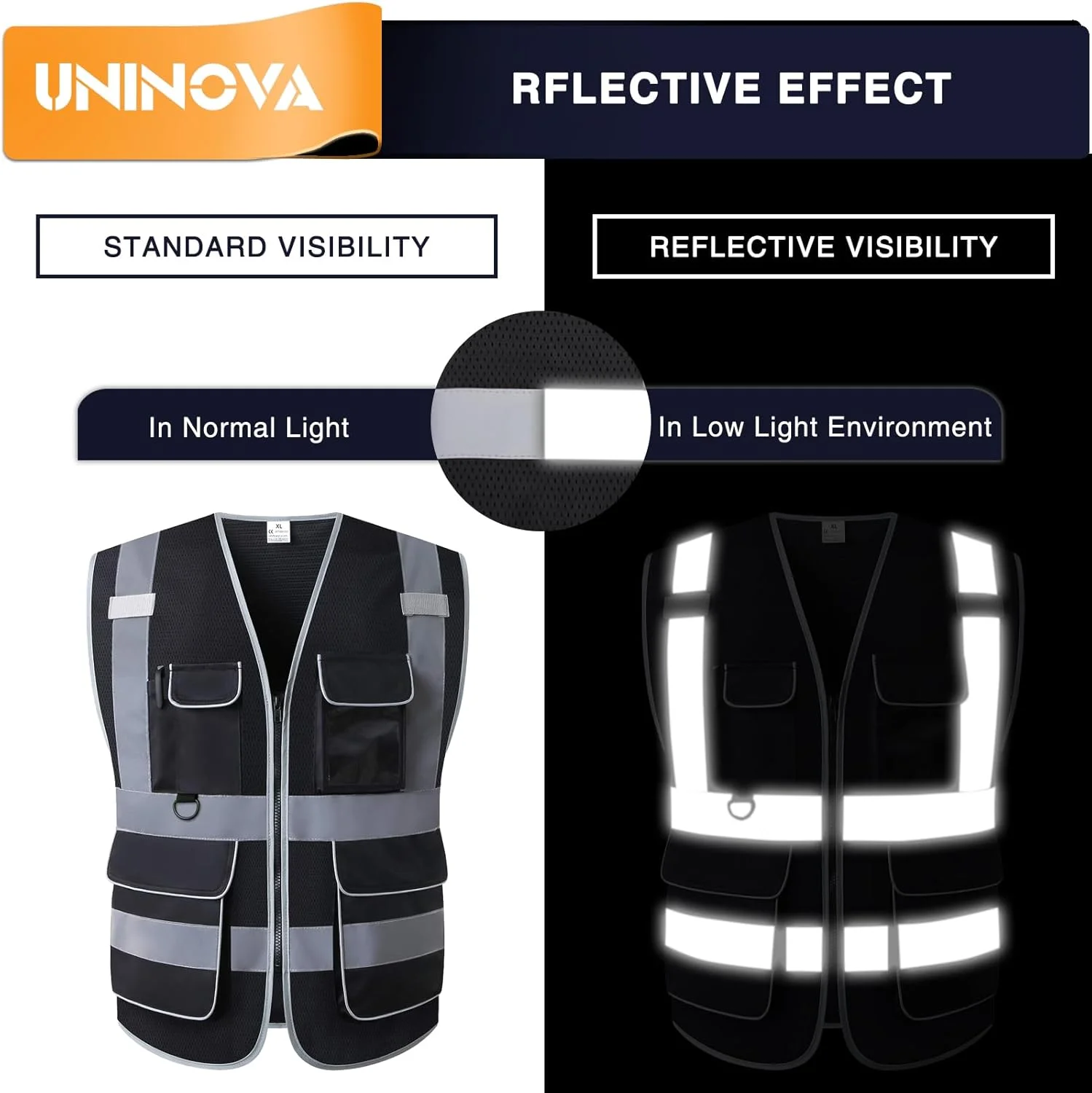 جلیقه ایمنی دید بالا UNINOVA - لباس کار تنفسی توری بازتابنده چند جیب، استاندارد ANSI/ISEA