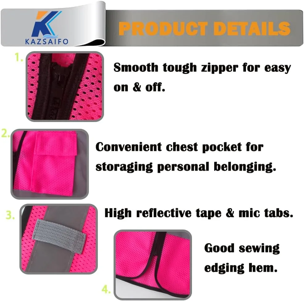 جلیقه ایمنی توری دید بالا Kazsaifo برای مردان و زنان، بازتابنده با جیب سینه و زیپ جلو، مطابق با استاندارد ANSI/ISEA