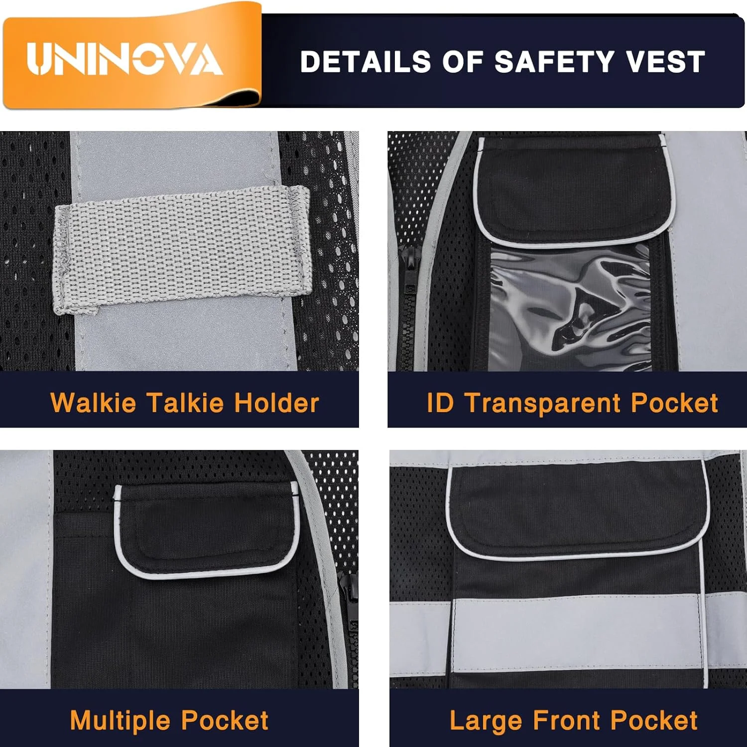 جلیقه ایمنی دید بالا UNINOVA - لباس کار تنفسی توری بازتابنده چند جیب، استاندارد ANSI/ISEA