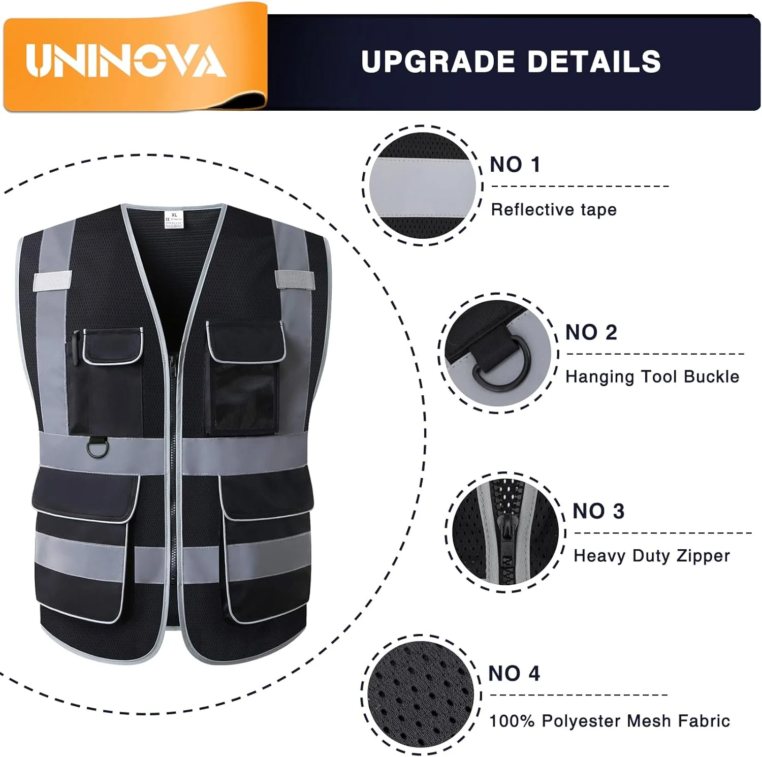 جلیقه ایمنی دید بالا UNINOVA - لباس کار تنفسی توری بازتابنده چند جیب، استاندارد ANSI/ISEA
