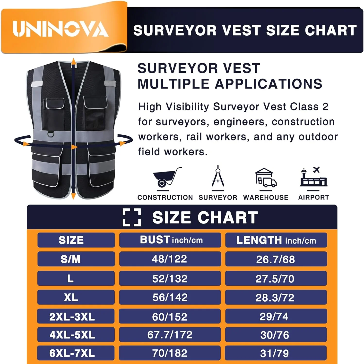 جلیقه ایمنی دید بالا UNINOVA - لباس کار تنفسی توری بازتابنده چند جیب، استاندارد ANSI/ISEA